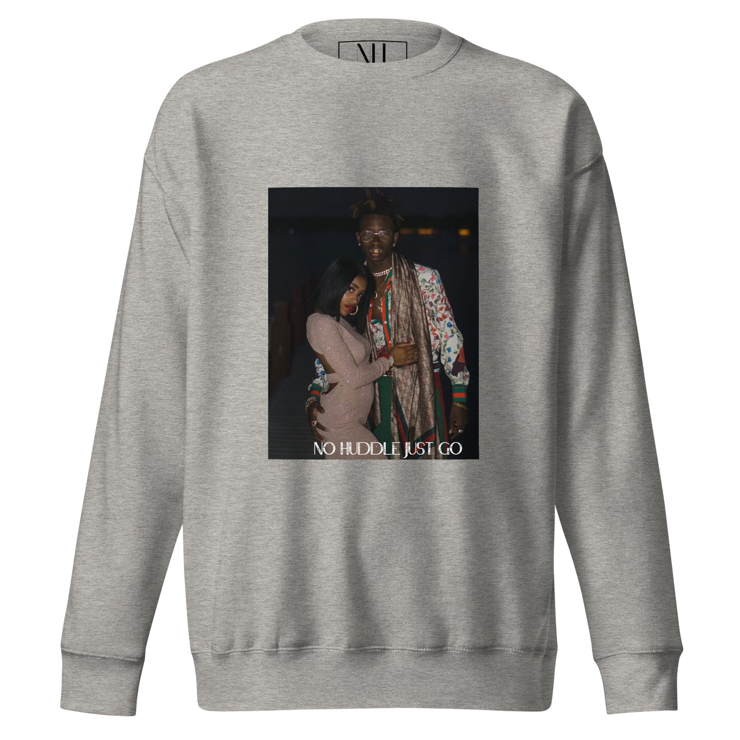 Front view of our ‘No Huddle Just Go’ Premium Unisex Sweatshirt in carbon grey, featuring “Gucci Bae” graphic on the front. Add this signature sweatshirt to your collection! Customers love our Premium Unisex Sweatshirts because they have all the essentials; 100% cotton face, soft interior, comfortable Unisex fit and are medium thickness. This sweatshirt is available now in various colors & sizes S-3XL.
