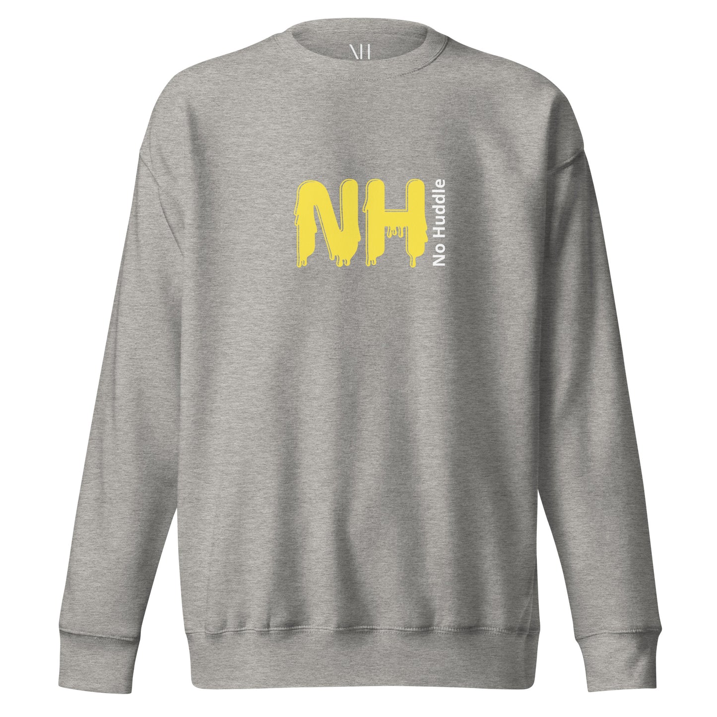 Front view of our ‘No Huddle Just Go’ Premium Unisex Sweatshirt in carbon grey, featuring ‘No Huddle’ logo on front and “See the Field” graphic in white and yellow on the back. Add this signature sweatshirt to your collection! Customers love our Premium Unisex Sweatshirts because they have all the essentials; 100% cotton face, soft interior, comfortable Unisex fit and are medium thickness. This sweatshirt is available now in various colors & sizes S-3XL.