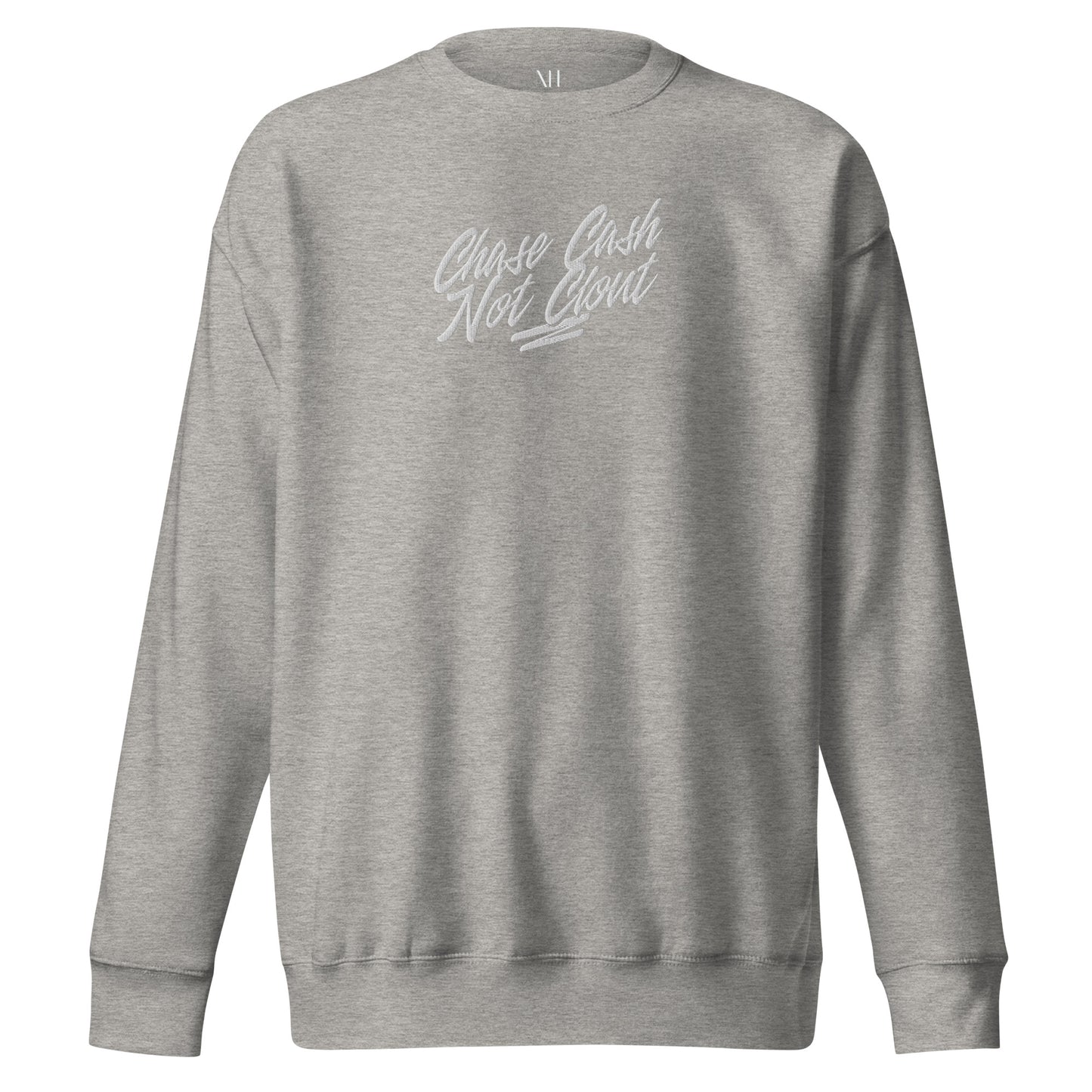 Front view of our ‘No Huddle Just Go’ Premium Unisex Sweatshirt in carbon grey, featuring premium embroidered “Chase Cash Not Clout” in white text on the front. Add this signature sweatshirt to your collection! Customers love our Premium Unisex Sweatshirts because they have all the essentials; 100% cotton face, soft interior, comfortable Unisex fit and are medium thickness. This sweatshirt is available now in various colors & sizes S-3XL.