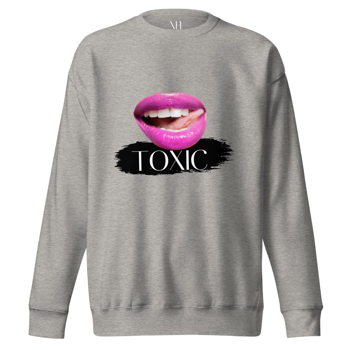 Front view of our ‘No Huddle Just Go’ Premium Unisex Sweatshirt in carbon grey, featuring “Toxic” graphic design on the front with pink lips. Add this signature sweatshirt to your collection! Customers love our Premium Unisex Sweatshirts because they have all the essentials; 100% cotton face, soft interior, comfortable Unisex fit and are medium thickness. This sweatshirt is available now in various colors & sizes S-3XL.