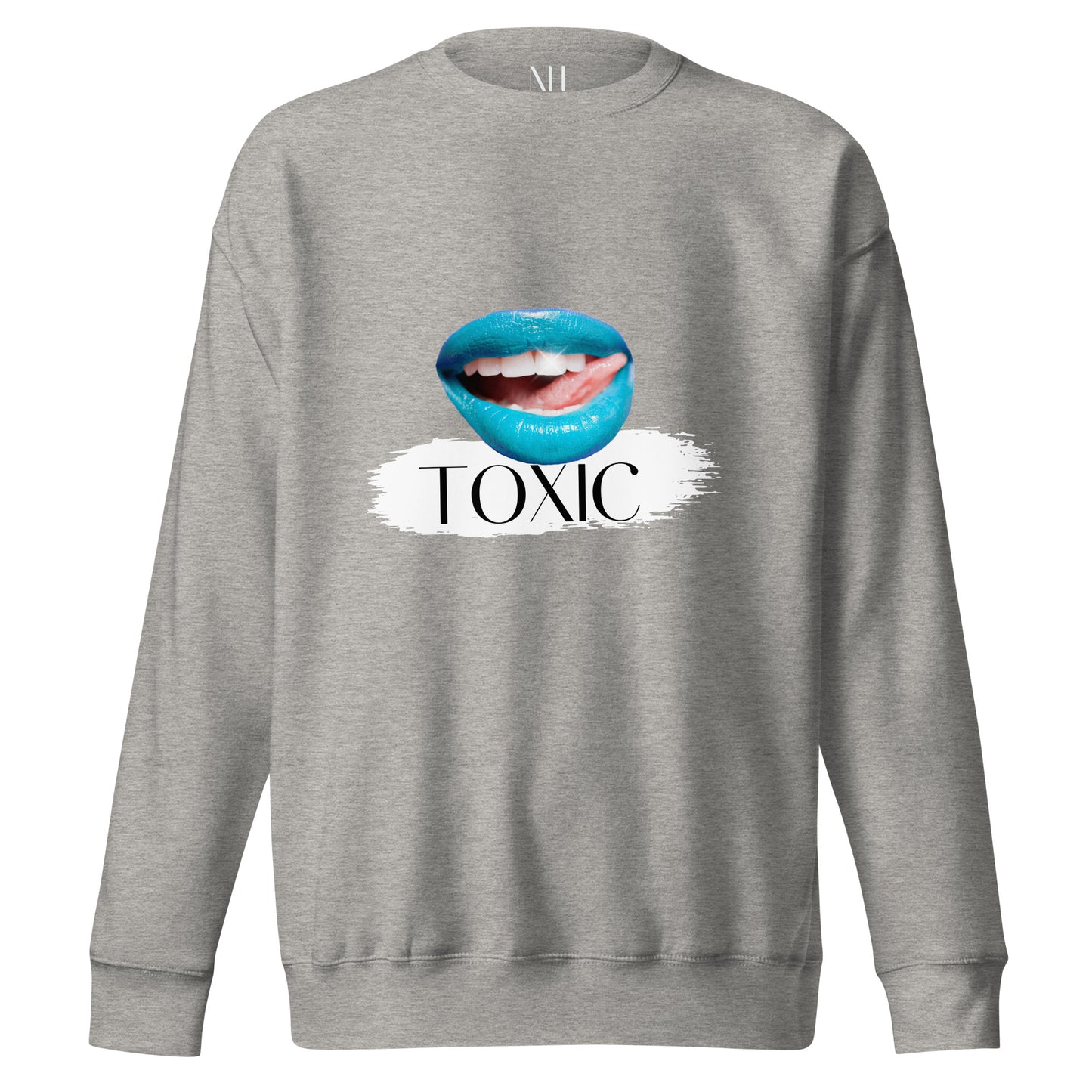 Front view of our ‘No Huddle Just Go’ Premium Unisex Sweatshirt in carbon grey, featuring “Toxic” graphic design on the front with blue lips. Add this signature sweatshirt to your collection! Customers love our Premium Unisex Sweatshirts because they have all the essentials; 100% cotton face, soft interior, comfortable Unisex fit and are medium thickness. This sweatshirt is available now in various colors & sizes S-3XL.