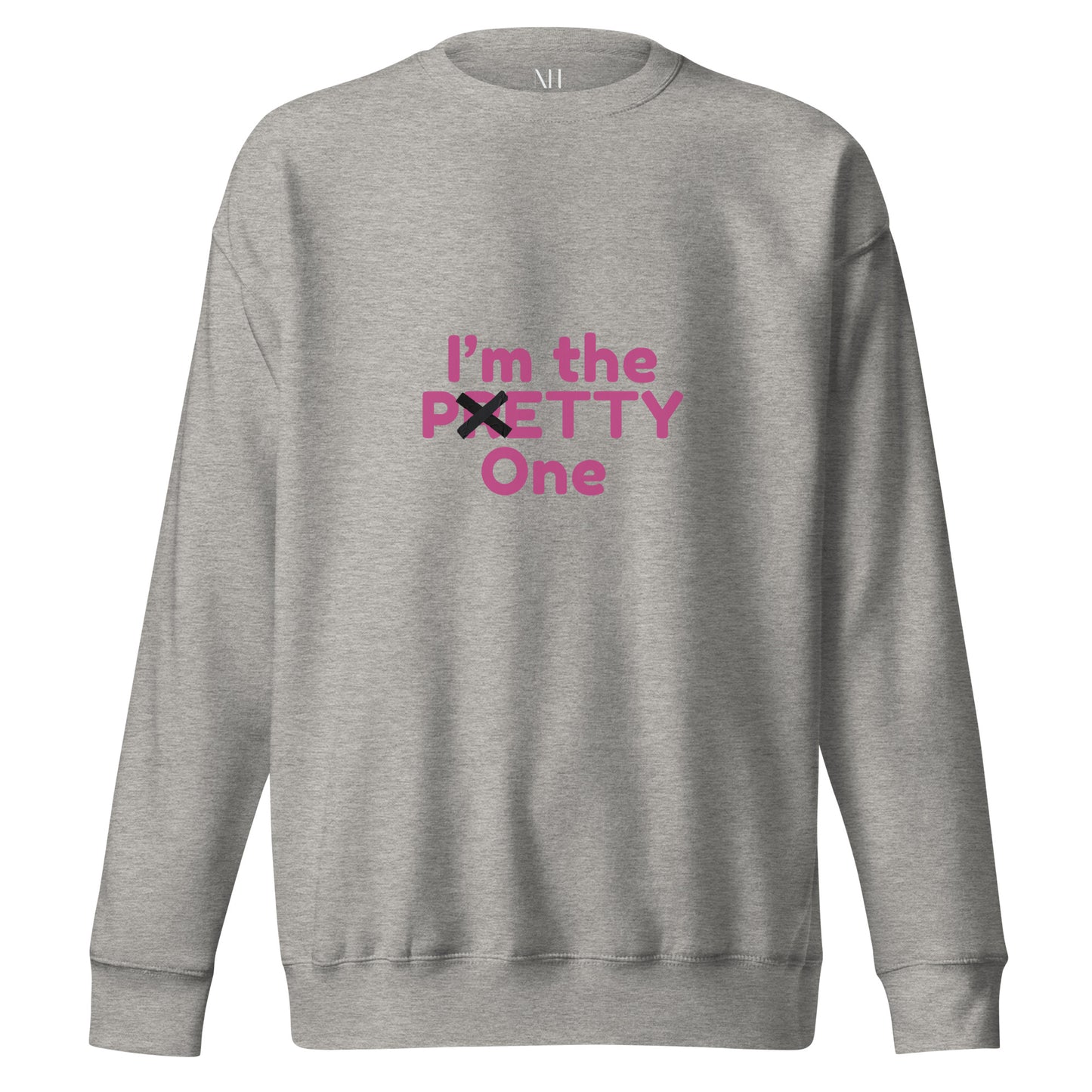 Front view of our ‘No Huddle Just Go’ Premium Unisex Sweatshirt in carbon grey, featuring “I’m The Petty One” on the front in pink text. Add this signature sweatshirt to your collection! Customers love our Premium Unisex Sweatshirts because they have all the essentials; 100% cotton face, soft interior, comfortable Unisex fit and are medium thickness. This sweatshirt is available now in various colors & sizes S-3XL.