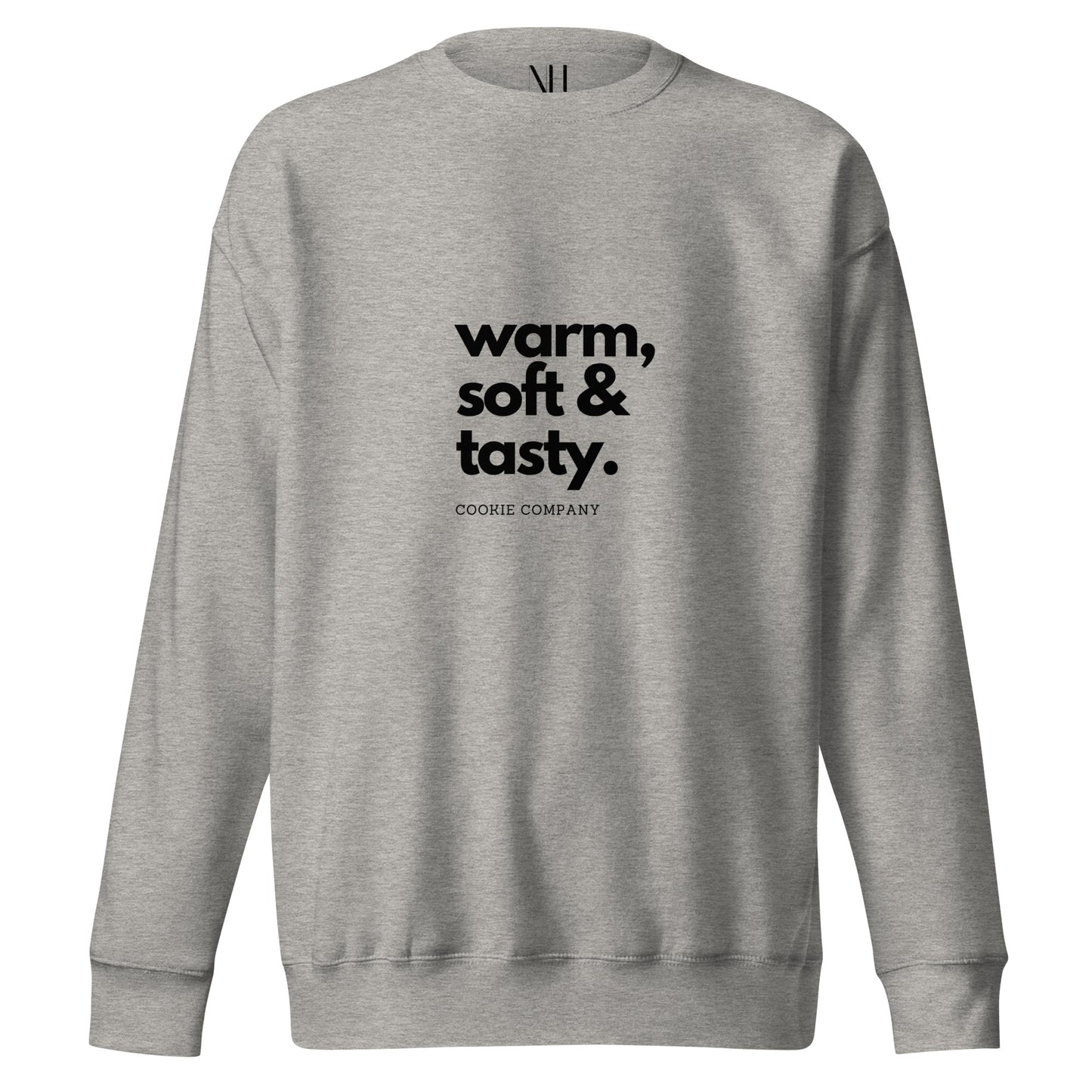 Front view of our ‘No Huddle Just Go’ Premium Unisex Sweatshirt in carbon grey, featuring “Warm Soft and Tasty” on the front in black text. Add this signature sweatshirt to your collection! Customers love our Premium Unisex Sweatshirts because they have all the essentials; 100% cotton face, soft interior, comfortable Unisex fit and are medium thickness. This sweatshirt is available now in various colors & sizes S-3XL.
