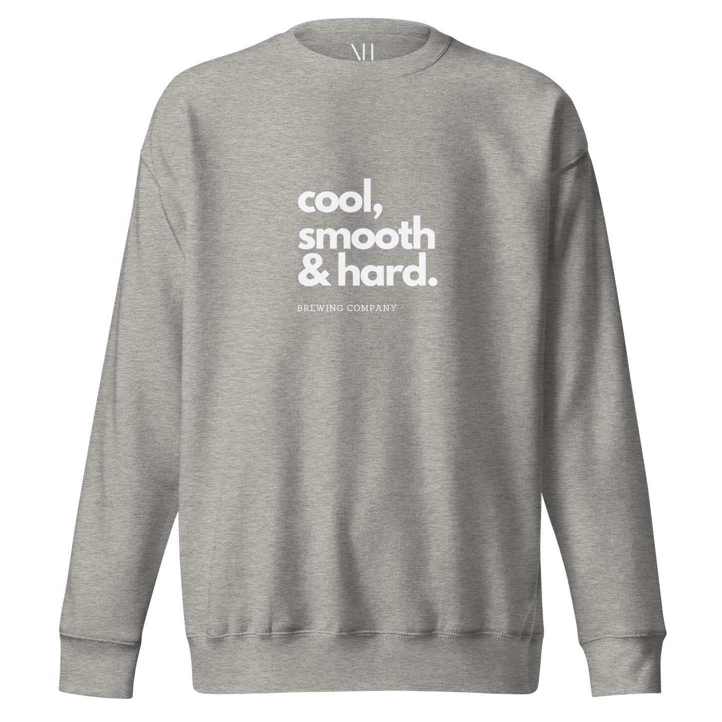 Front view of our ‘No Huddle Just Go’ Premium Unisex Sweatshirt in carbon grey, featuring “cool, smooth & hard” on the front in white text. Add this signature sweatshirt to your collection! Customers love our Premium Unisex Sweatshirts because they have all the essentials; 100% cotton face, soft interior, comfortable Unisex fit and are medium thickness. This sweatshirt is available now in various colors & sizes S-3XL.