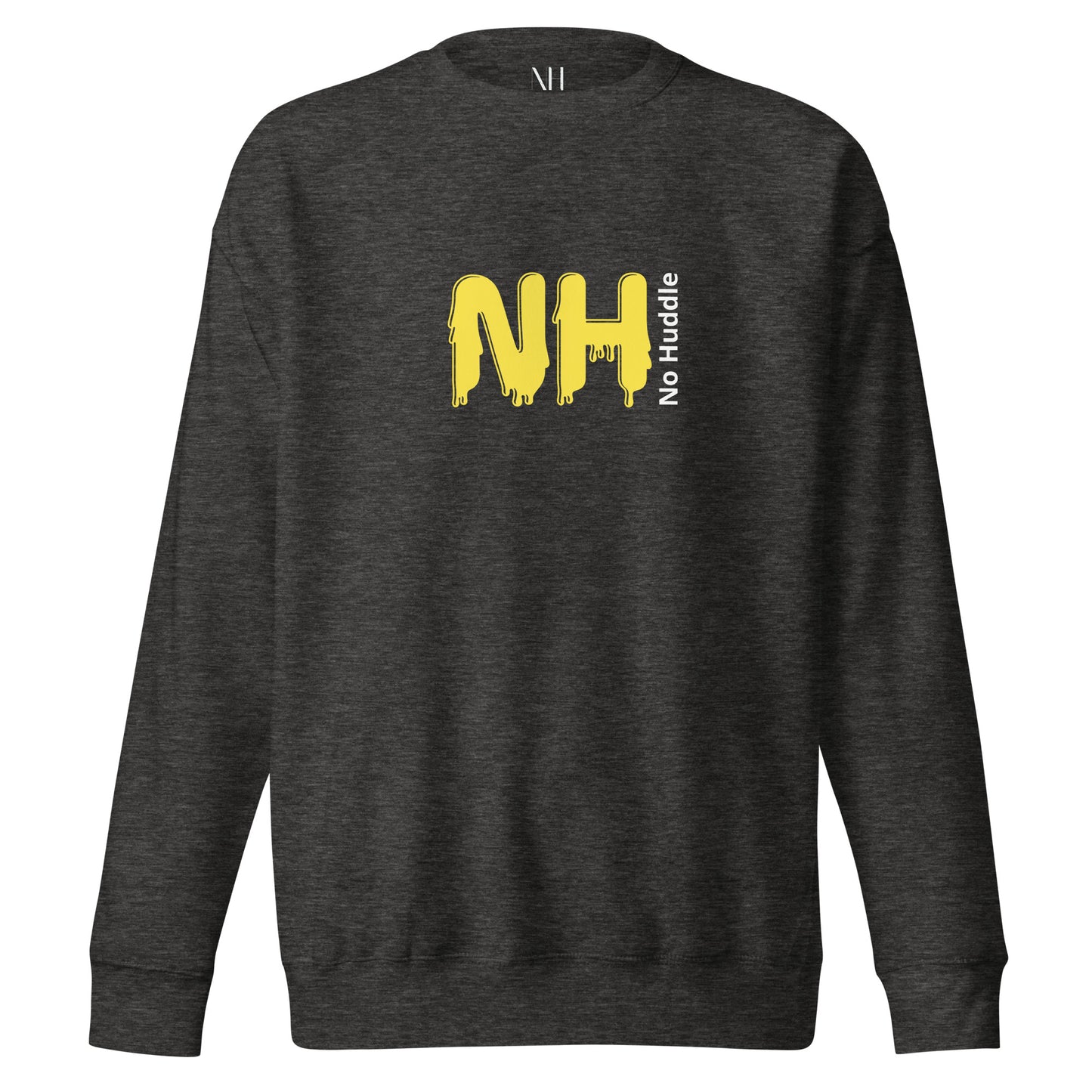 Front view of our ‘No Huddle Just Go’ Premium Unisex Sweatshirt in charcoal grey, featuring ‘No Huddle’ logo on front and “See the Field” graphic in white and yellow on the back. Add this signature sweatshirt to your collection! Customers love our Premium Unisex Sweatshirts because they have all the essentials; 100% cotton face, soft interior, comfortable Unisex fit and are medium thickness. This sweatshirt is available now in various colors & sizes S-3XL.