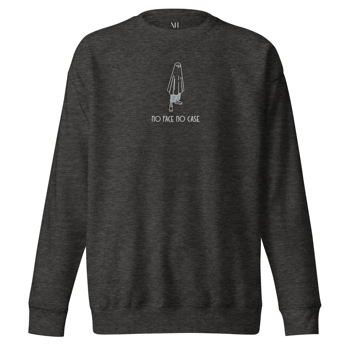 Front view of our ‘No Huddle Just Go’ Premium Unisex Sweatshirt in charcoal grey, featuring “No Face No Case” in white text with white Fooley graphic on the front. Add this signature sweatshirt to your collection! Customers love our Premium Unisex Sweatshirts because they have all the essentials; 100% cotton face, soft interior, comfortable Unisex fit and are medium thickness. This sweatshirt is available now in various colors & sizes S-3XL.