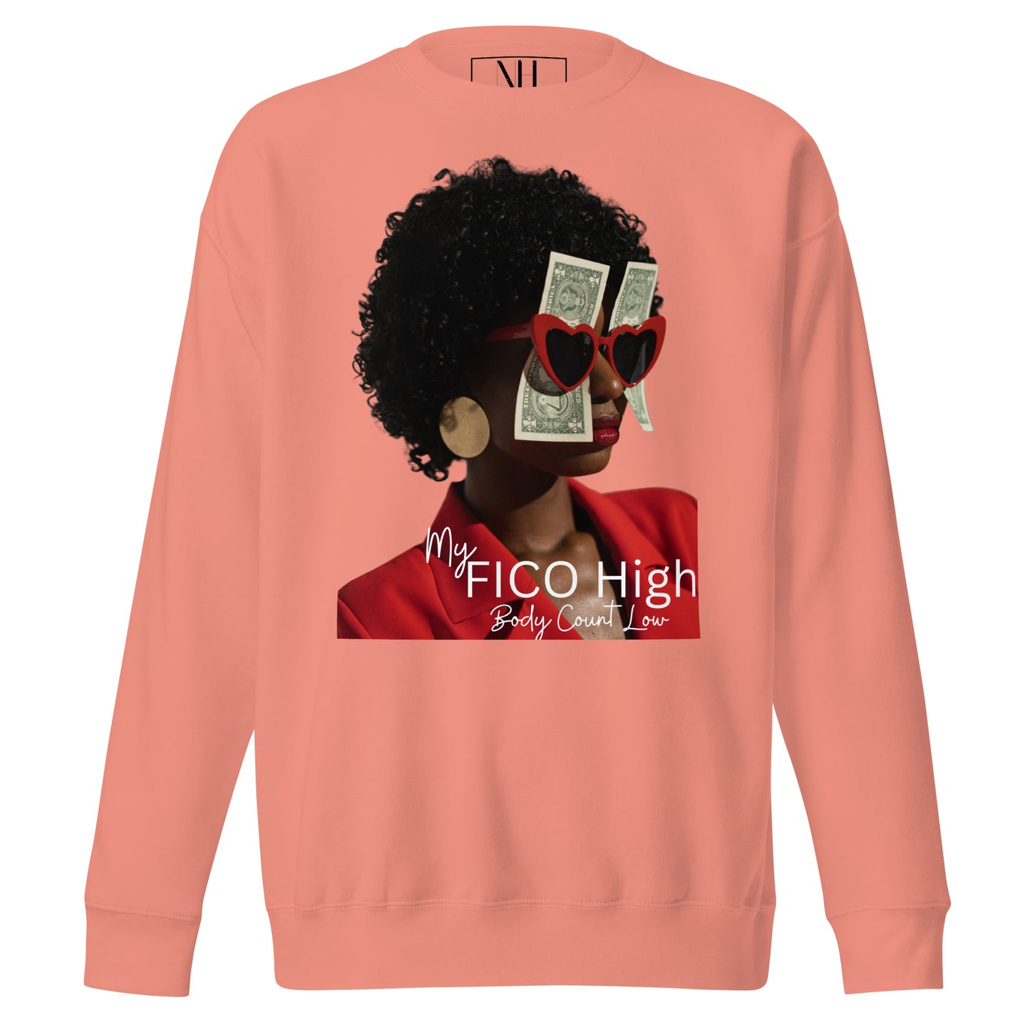 Front view of our ‘No Huddle Just Go’ Premium Unisex Sweatshirt in dusty rose, featuring ‘My Fico High’ in graphic design on the front. Add this signature sweatshirt to your collection! Customers love our Premium Unisex Sweatshirts because they have all the essentials; 100% cotton face, soft interior, comfortable Unisex fit and are medium thickness. This sweatshirt is available now in various colors & sizes S-3XL.