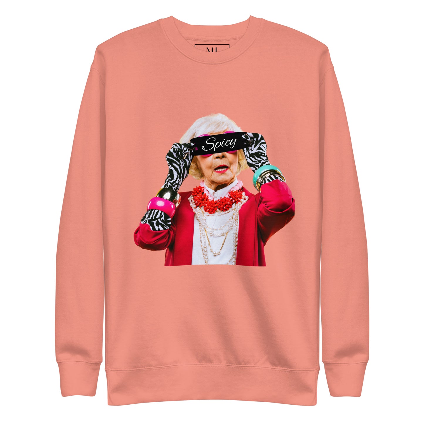 Front view of our ‘No Huddle Just Go’ Premium Unisex Sweatshirt in dusty rose, featuring `Spicy’ graphic on the front. Add this signature sweatshirt to your collection! Customers love our Premium Unisex Sweatshirts because they have all the essentials; 100% cotton face, soft interior, comfortable Unisex fit and are medium thickness. This sweatshirt is available now in various colors & sizes S-3XL.