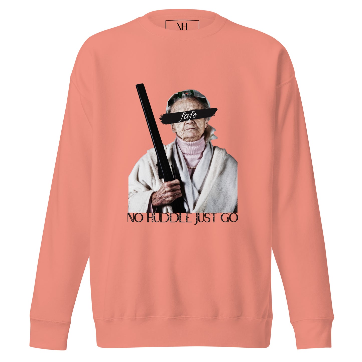 Front view of our ‘No Huddle Just Go’ Premium Unisex Sweatshirt in dusty rose, featuring “FAFO” graphic on the front. Add this signature sweatshirt to your collection! Customers love our Premium Unisex Sweatshirts because they have all the essentials; 100% cotton face, soft interior, comfortable Unisex fit and are medium thickness. This sweatshirt is available now in various colors & sizes S-3XL