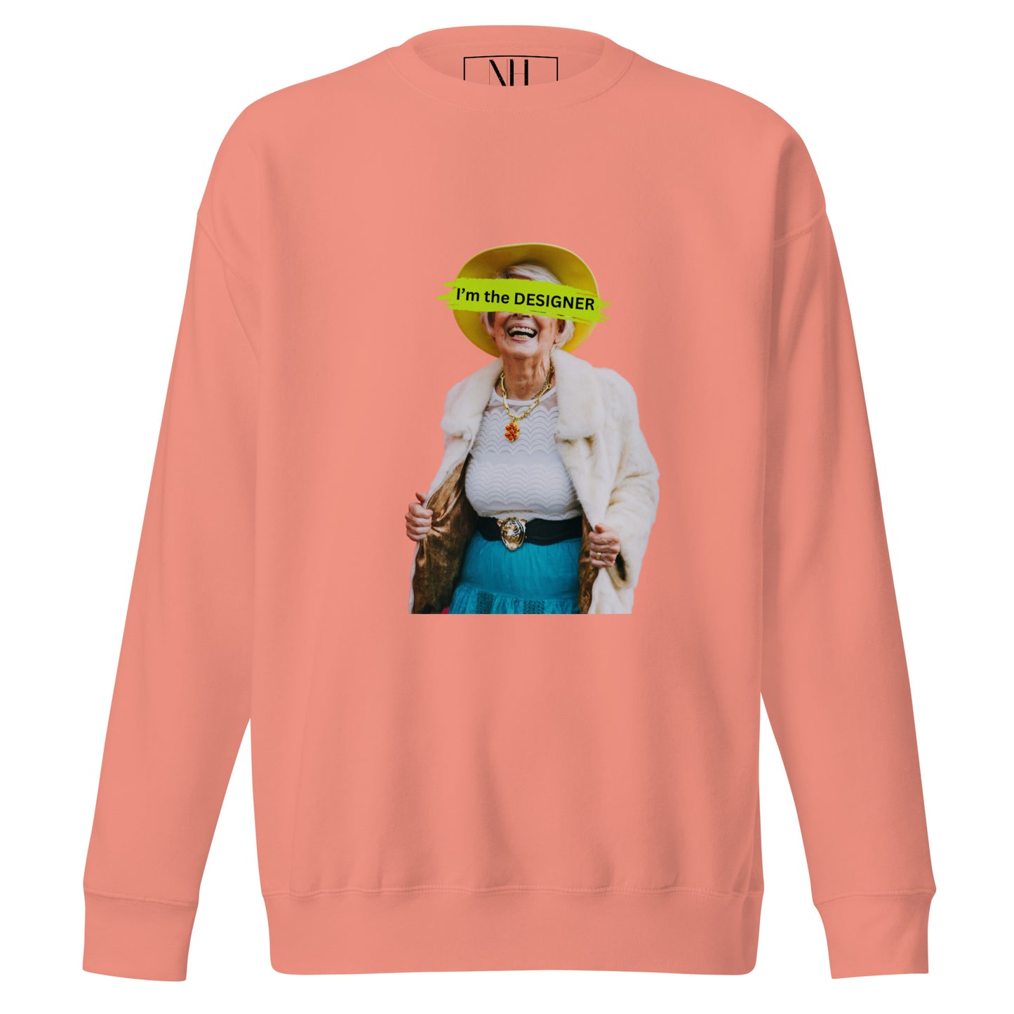 Front view of our ‘No Huddle Just Go’ Premium Unisex Sweatshirt in dusty rose, featuring “I’m The Designer” graphic on the front. Add this signature sweatshirt to your collection! Customers love our Premium Unisex Sweatshirts because they have all the essentials; 100% cotton face, soft interior, comfortable Unisex fit and are medium thickness. This sweatshirt is available now in various colors & sizes S-3XL.
