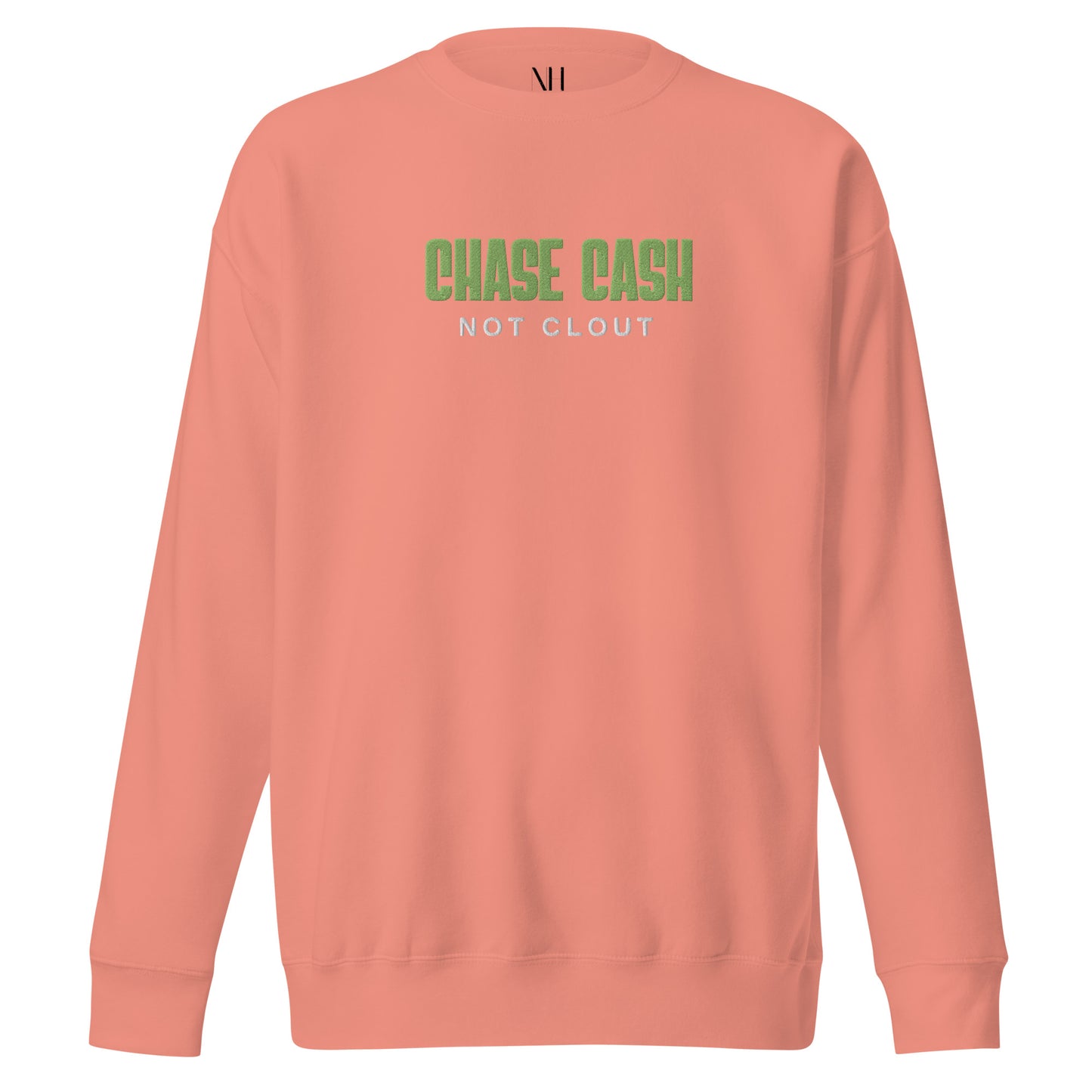 Front view of our ‘No Huddle Just Go’ Premium Unisex Sweatshirt in dusty rose, featuring premium embroidered “Chase Cash Not Clout” in green text on the front. Add this signature sweatshirt to your collection! Customers love our Premium Unisex Sweatshirts because they have all the essentials; 100% cotton face, soft interior, comfortable Unisex fit and are medium thickness. This sweatshirt is available now in various colors & sizes S-3XL.