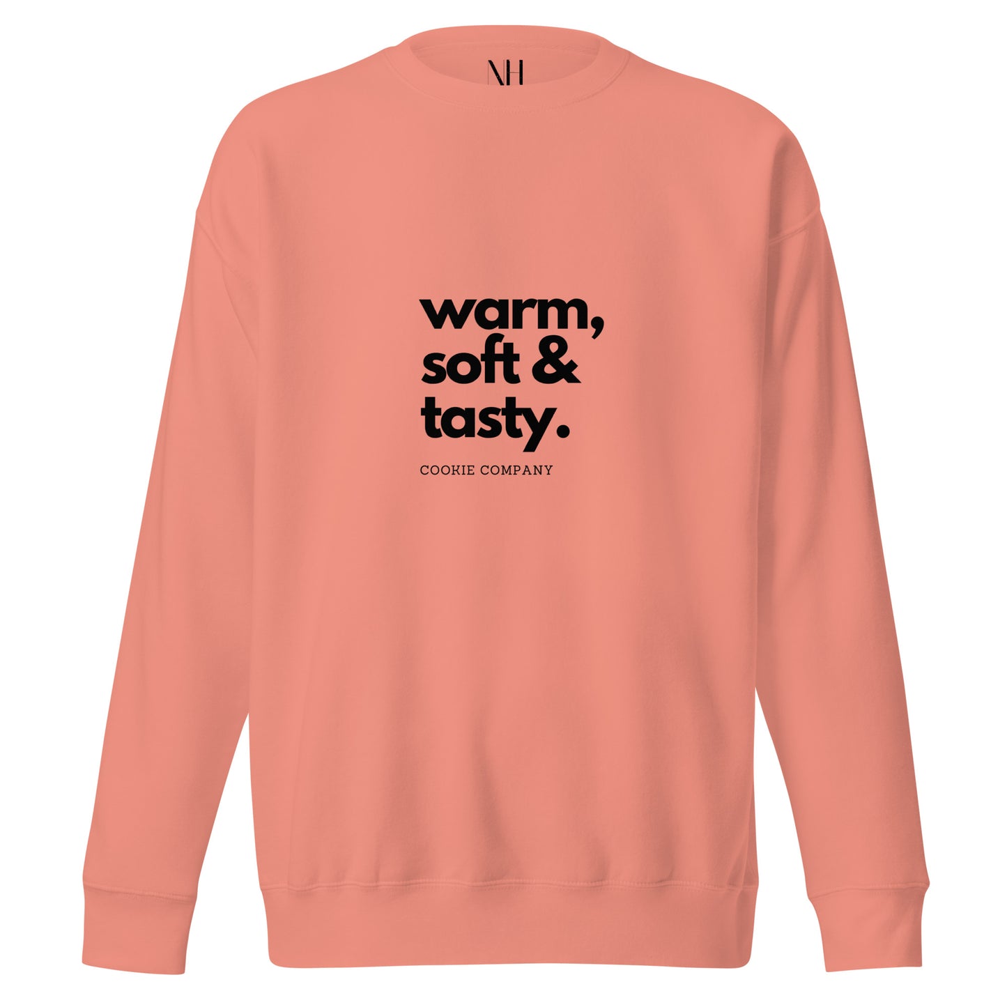 Front view of our ‘No Huddle Just Go’ Premium Unisex Sweatshirt in dusty rose, featuring “Warm Soft and Tasty” on the front in black text. Add this signature sweatshirt to your collection! Customers love our Premium Unisex Sweatshirts because they have all the essentials; 100% cotton face, soft interior, comfortable Unisex fit and are medium thickness. This sweatshirt is available now in various colors & sizes S-3XL.