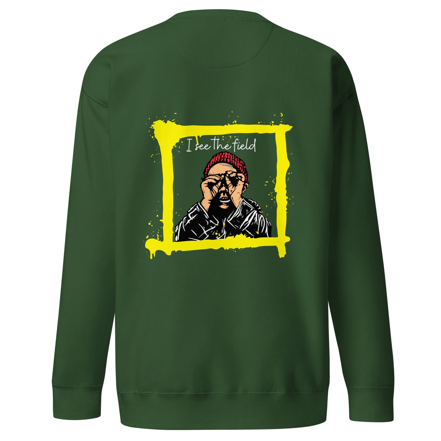 Back view of our ‘No Huddle Just Go’ Premium Unisex Sweatshirt in forest green, featuring ‘No Huddle’ logo on front and “See the Field” graphic in white and yellow on the back. Add this signature sweatshirt to your collection! Customers love our Premium Unisex Sweatshirts because they have all the essentials; 100% cotton face, soft interior, comfortable Unisex fit and are medium thickness. This sweatshirt is available now in various colors & sizes S-3XL.