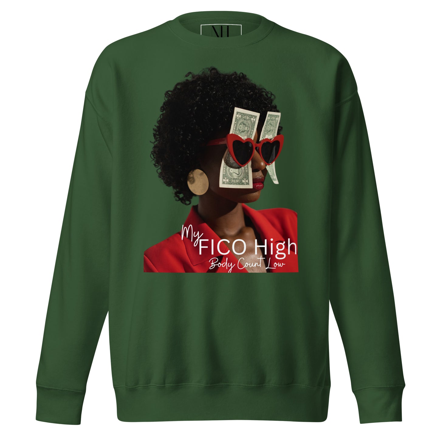 Front view of our ‘No Huddle Just Go’ Premium Unisex Sweatshirt in forest green, featuring ‘My Fico High’ in graphic design on the front. Add this signature sweatshirt to your collection! Customers love our Premium Unisex Sweatshirts because they have all the essentials; 100% cotton face, soft interior, comfortable Unisex fit and are medium thickness. This sweatshirt is available now in various colors & sizes S-3XL.