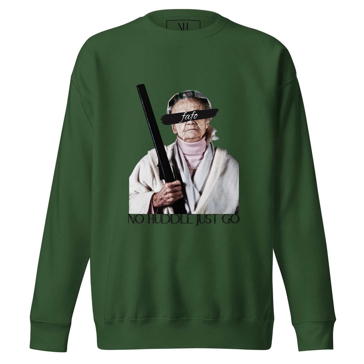 Front view of our ‘No Huddle Just Go’ Premium Unisex Sweatshirt in forest green, featuring “FAFO” graphic on the front. Add this signature sweatshirt to your collection! Customers love our Premium Unisex Sweatshirts because they have all the essentials; 100% cotton face, soft interior, comfortable Unisex fit and are medium thickness. This sweatshirt is available now in various colors & sizes S-3XL.