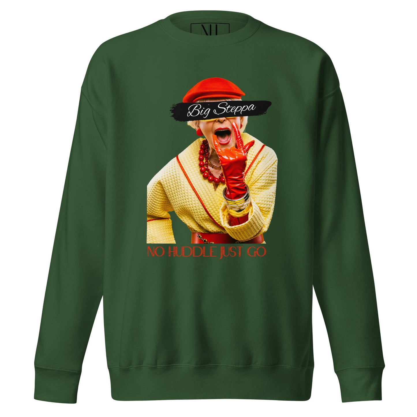 Front view of our ‘No Huddle Just Go’ Premium Unisex Sweatshirt in forest green, featuring “Big Steppa” graphic on the front. Add this signature sweatshirt to your collection! Customers love our Premium Unisex Sweatshirts because they have all the essentials; 100% cotton face, soft interior, comfortable Unisex fit and are medium thickness. This sweatshirt is available now in various colors & sizes S-3XL.