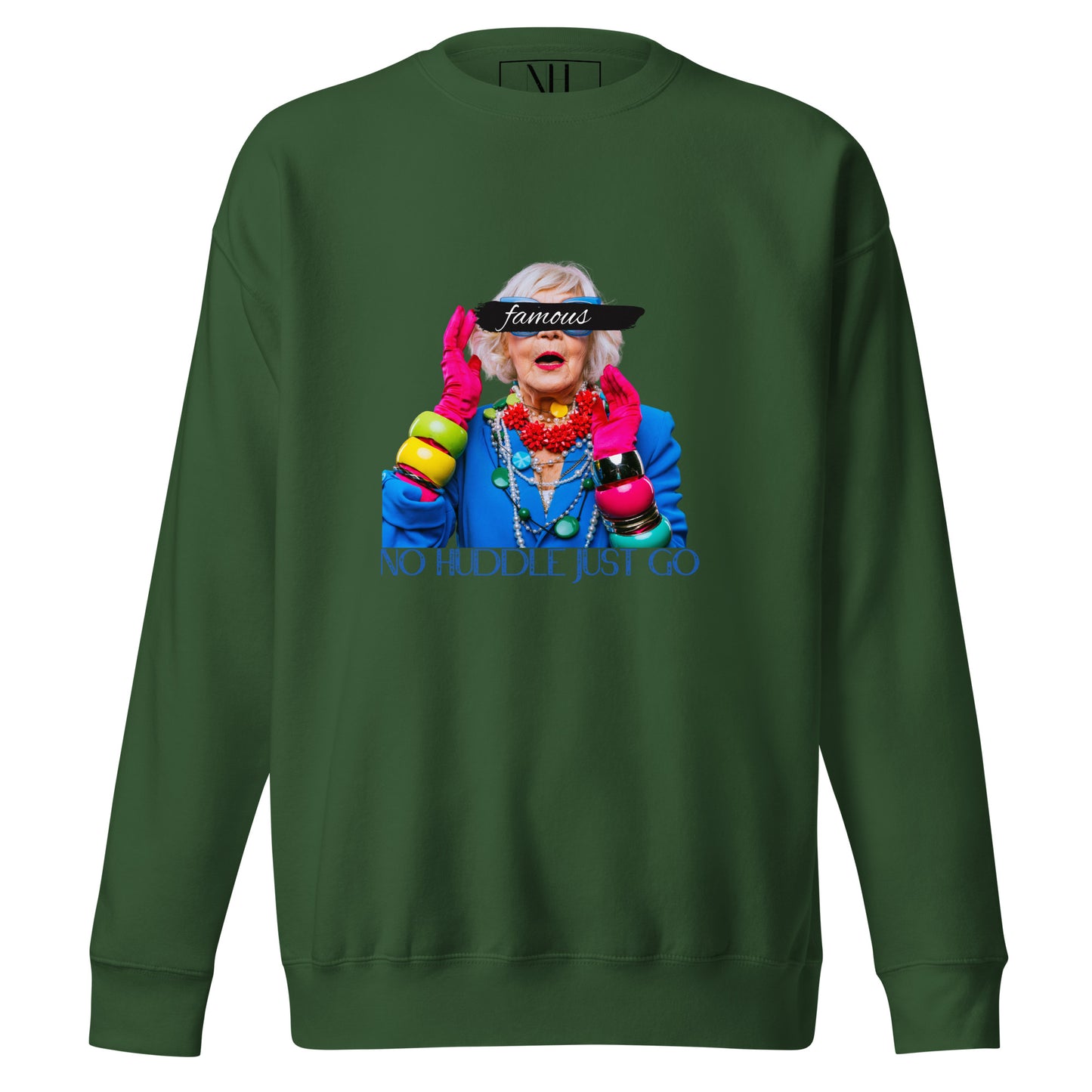 Front view of our ‘No Huddle Just Go’ Premium Unisex Sweatshirt in forest green, featuring “Famous” graphic on the front. Add this signature sweatshirt to your collection! Customers love our Premium Unisex Sweatshirts because they have all the essentials; 100% cotton face, soft interior, comfortable Unisex fit and are medium thickness. This sweatshirt is available now in various colors & sizes S-3XL.