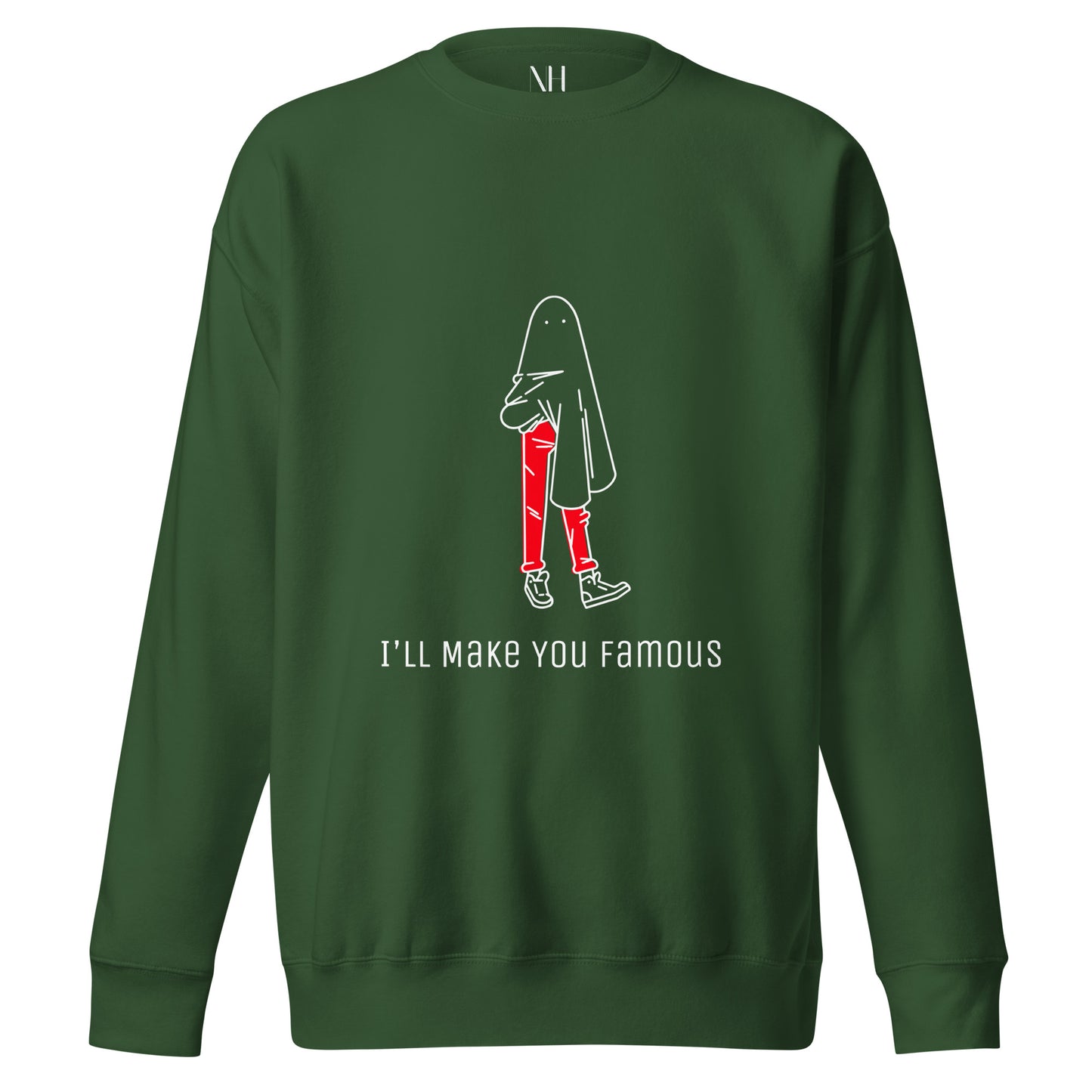 Front view of our ‘No Huddle Just Go’ Premium Unisex Sweatshirt in forest green, featuring “I’ll Make You Famous” in white text with red and white Fooley graphic on the front. ‘No Huddle’ logo on back. Add this signature sweatshirt to your collection! Customers love our Premium Unisex Sweatshirts because they have all the essentials; 100% cotton face, soft interior, comfortable Unisex fit and are medium thickness. This sweatshirt is available now in various colors & sizes S-3XL.