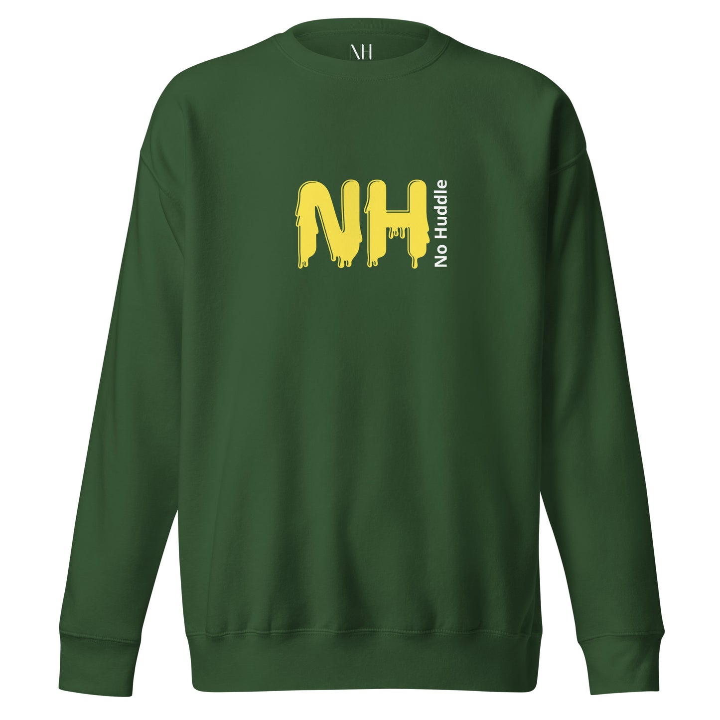 Front view of our ‘No Huddle Just Go’ Premium Unisex Sweatshirt in forest green, featuring ‘No Huddle’ logo on front and “See the Field” graphic in white and yellow on the back. Add this signature sweatshirt to your collection! Customers love our Premium Unisex Sweatshirts because they have all the essentials; 100% cotton face, soft interior, comfortable Unisex fit and are medium thickness. This sweatshirt is available now in various colors & sizes S-3XL.