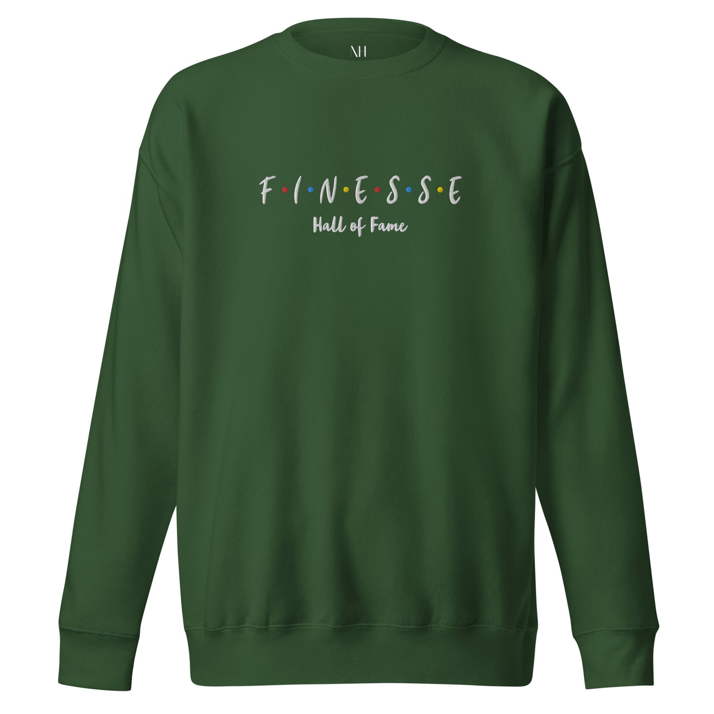 Front view of our ‘No Huddle Just Go’ Premium Unisex Sweatshirt in forest green, featuring premium embroidered “Finesse Hall of Fame” in white text on the front. Add this signature sweatshirt to your collection! Customers love our Premium Unisex Sweatshirts because they have all the essentials; 100% cotton face, soft interior, comfortable Unisex fit and are medium thickness. This sweatshirt is available now in various colors & sizes S-3XL.