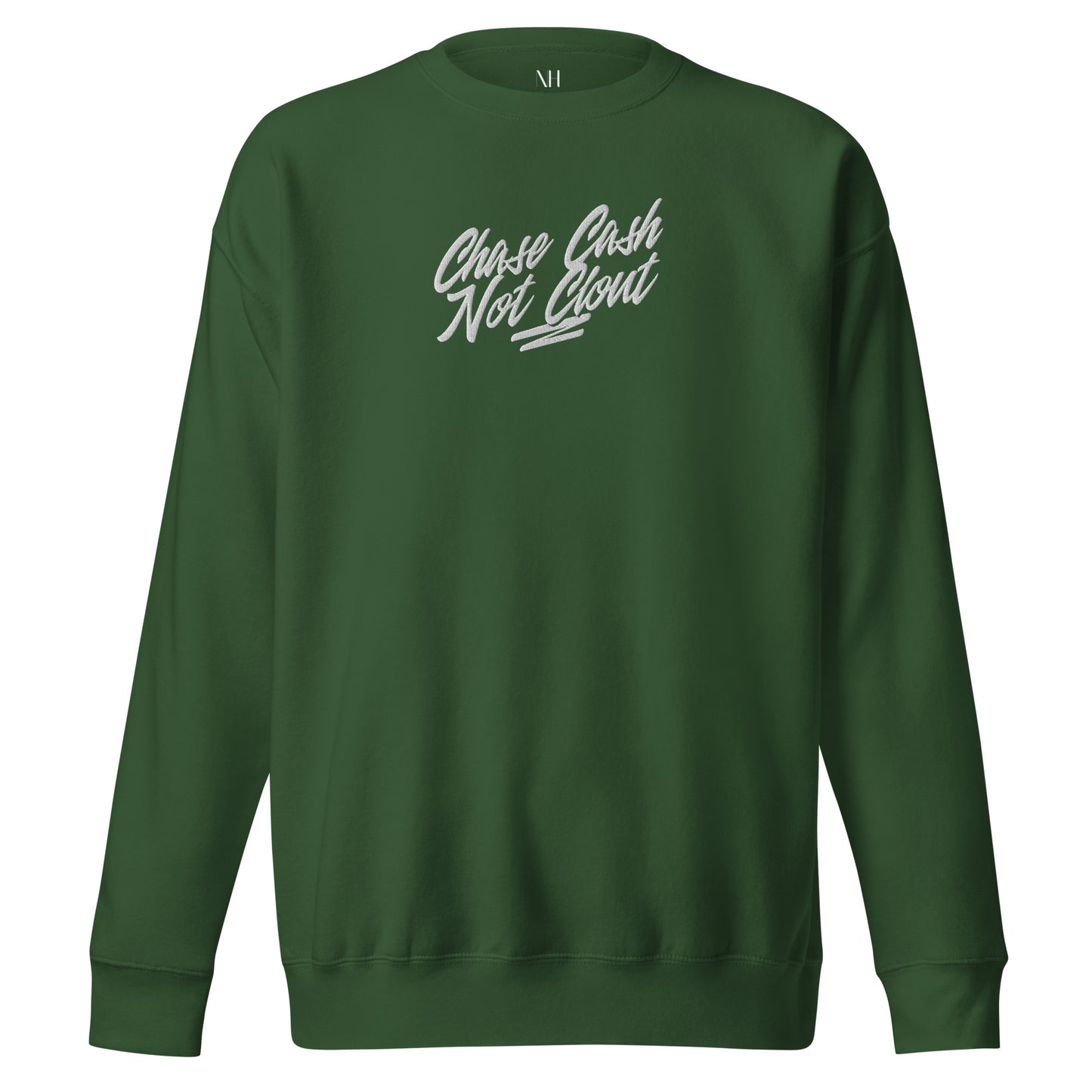 Front view of our ‘No Huddle Just Go’ Premium Unisex Sweatshirt in forest green, featuring premium embroidered “Chase Cash Not Clout” in white text on the front. Add this signature sweatshirt to your collection! Customers love our Premium Unisex Sweatshirts because they have all the essentials; 100% cotton face, soft interior, comfortable Unisex fit and are medium thickness. This sweatshirt is available now in various colors & sizes S-3XL.
