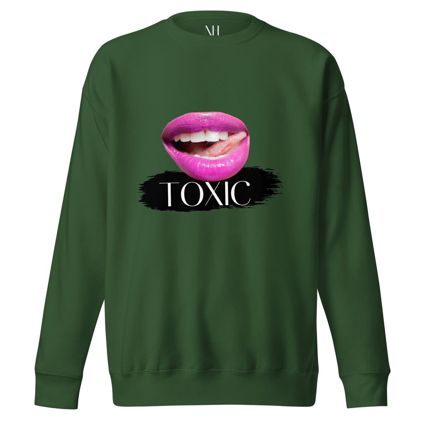 Front view of our ‘No Huddle Just Go’ Premium Unisex Sweatshirt in forest green, featuring “Toxic” graphic design on the front with pink lips. Add this signature sweatshirt to your collection! Customers love our Premium Unisex Sweatshirts because they have all the essentials; 100% cotton face, soft interior, comfortable Unisex fit and are medium thickness. This sweatshirt is available now in various colors & sizes S-3XL.