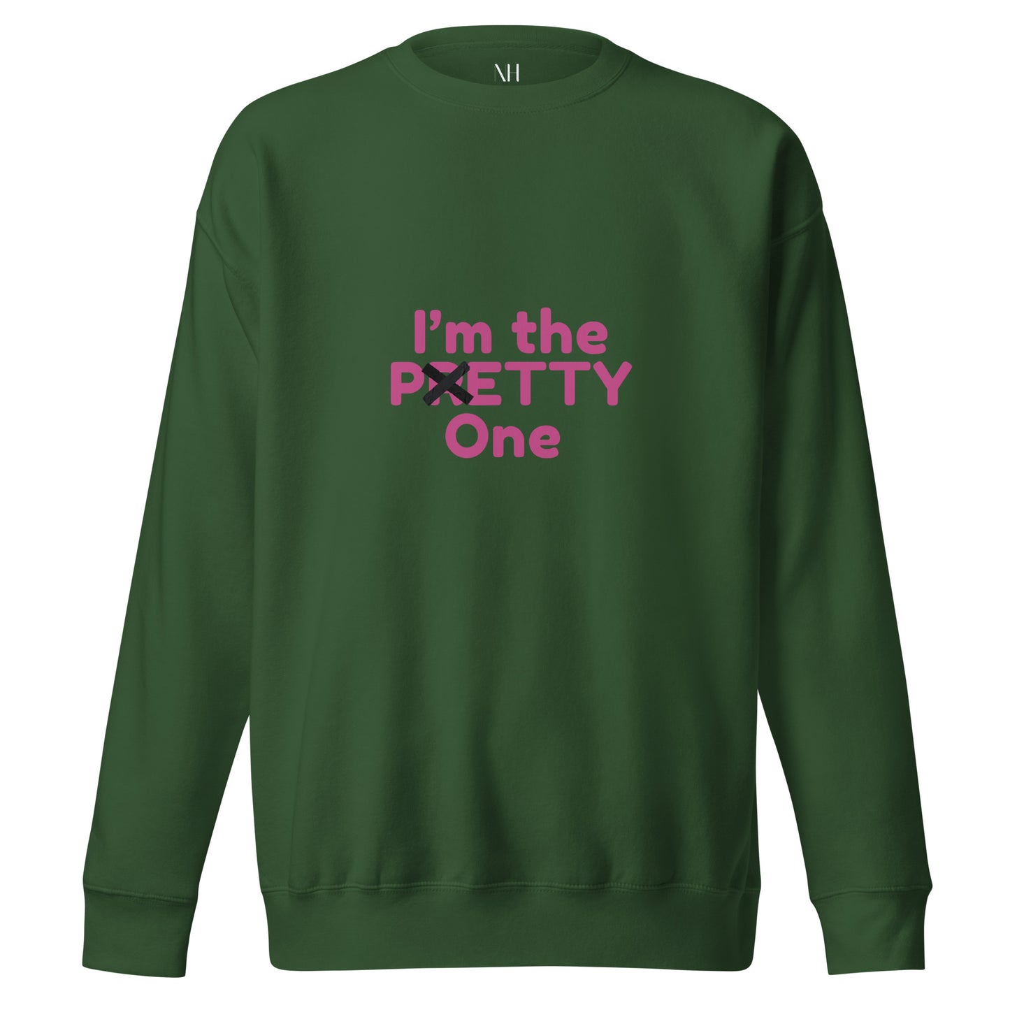 Front view of our ‘No Huddle Just Go’ Premium Unisex Sweatshirt in forest green, featuring “I’m The Petty One” on the front in pink text. Add this signature sweatshirt to your collection! Customers love our Premium Unisex Sweatshirts because they have all the essentials; 100% cotton face, soft interior, comfortable Unisex fit and are medium thickness. This sweatshirt is available now in various colors & sizes S-3XL.