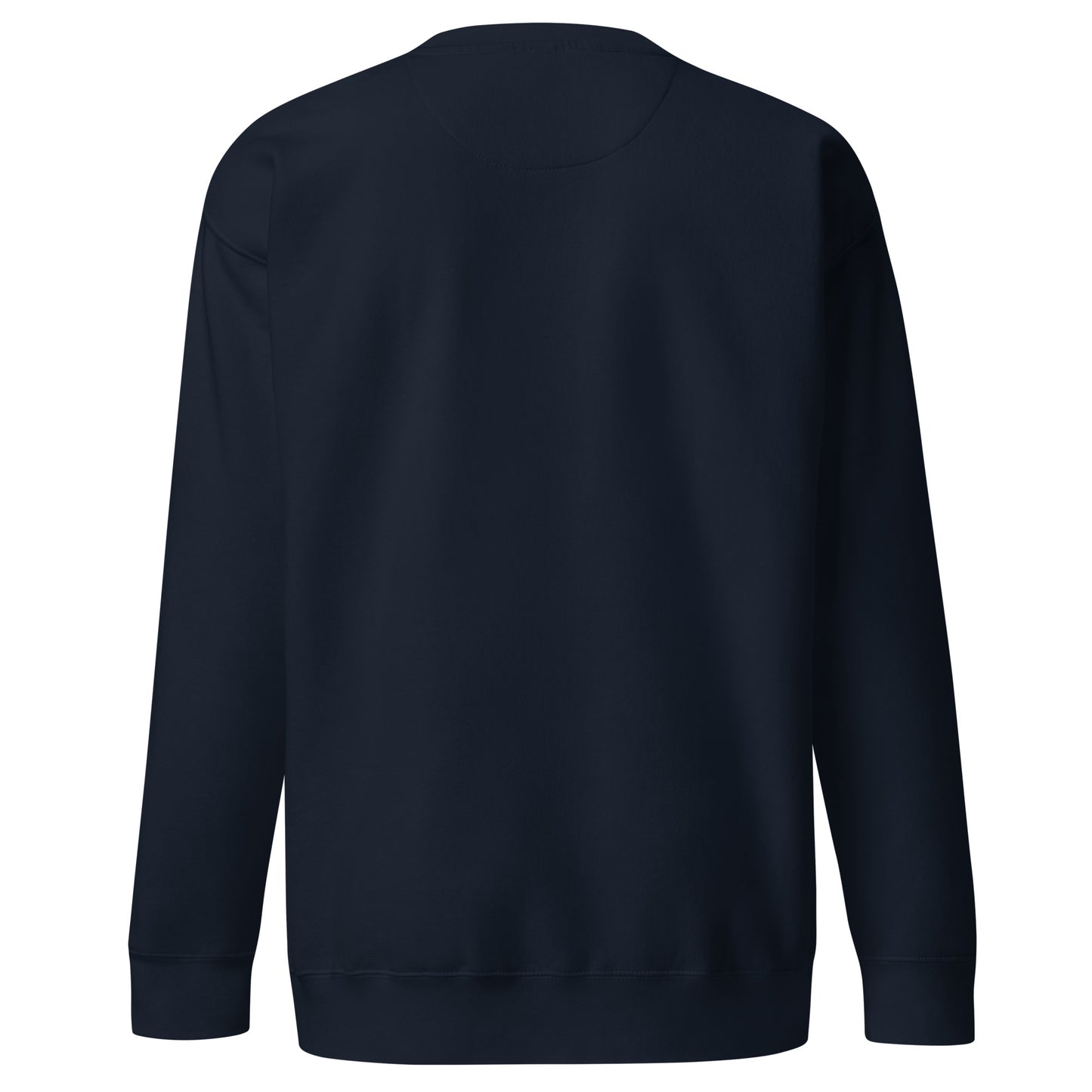Back view of our ‘No Huddle Just Go’ Premium Unisex Sweatshirt in navy blue, featuring ‘My Fico High, Body Count Low’ in white text on the front. Add this signature sweatshirt to your collection! Customers love our Premium Unisex Sweatshirts because they have all the essentials; 100% cotton face, soft interior, comfortable Unisex fit and are medium thickness. This sweatshirt is available now in various colors & sizes S-3XL.