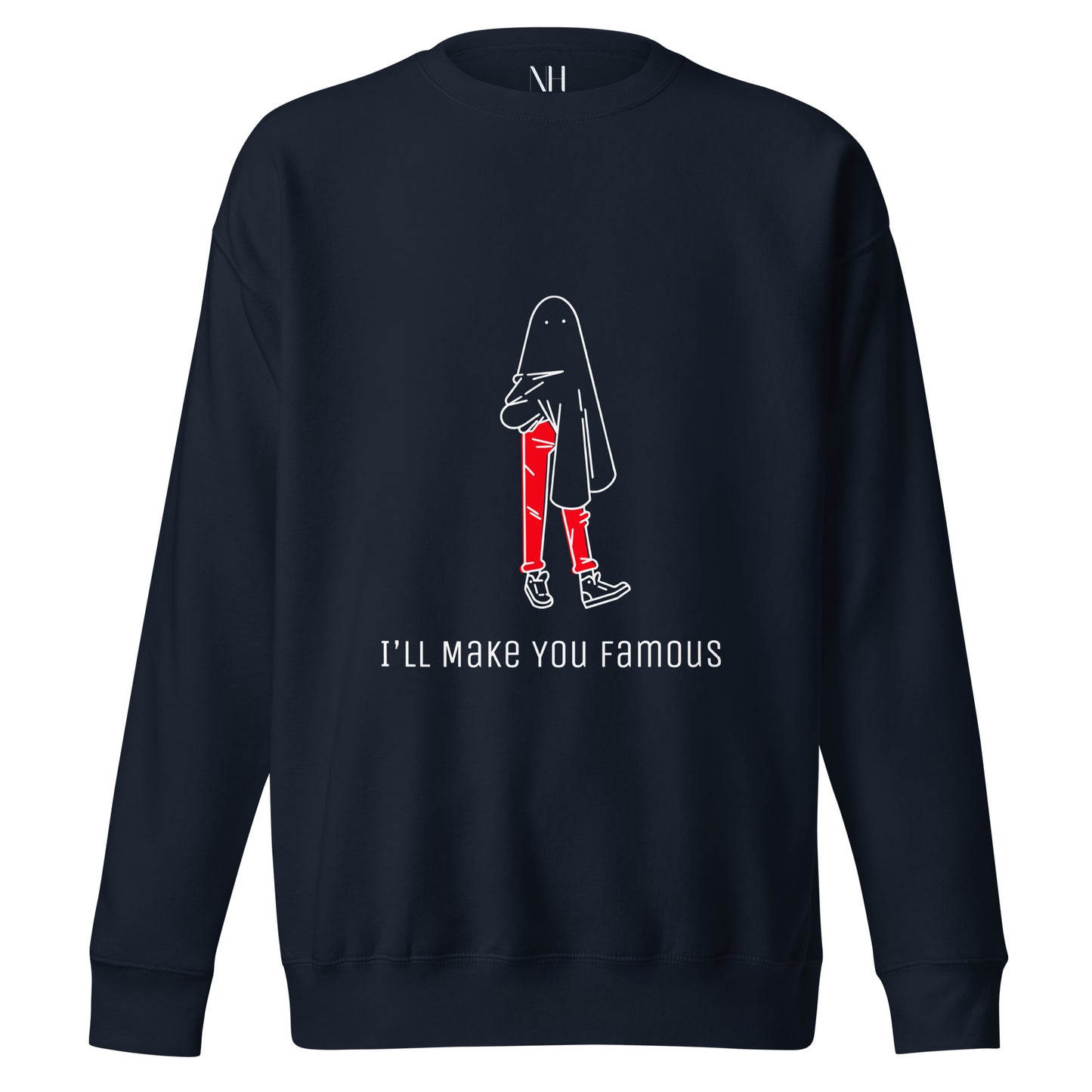 Front view of our ‘No Huddle Just Go’ Premium Unisex Sweatshirt in navy blue, featuring “I’ll Make You Famous” in white text with red and white Fooley graphic on the front. ‘No Huddle’ logo on back. Add this signature sweatshirt to your collection! Customers love our Premium Unisex Sweatshirts because they have all the essentials; 100% cotton face, soft interior, comfortable Unisex fit and are medium thickness. This sweatshirt is available now in various colors & sizes S-3XL.