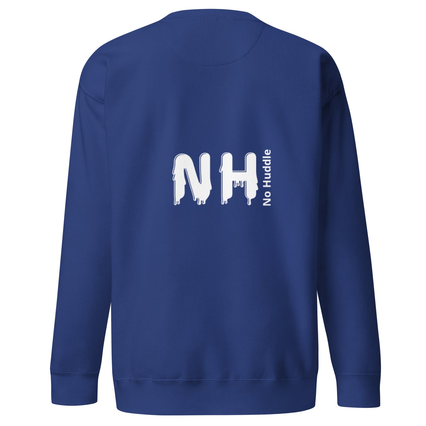 Back view of our ‘No Huddle Just Go’ Premium Unisex Sweatshirt in royal blue, featuring “I’ll Make You Famous” in white text with red and white Fooley graphic on the front. ‘No Huddle’ logo on back. Add this signature sweatshirt to your collection! Customers love our Premium Unisex Sweatshirts because they have all the essentials; 100% cotton face, soft interior, comfortable Unisex fit and are medium thickness. This sweatshirt is available now in various colors & sizes S-3XL.