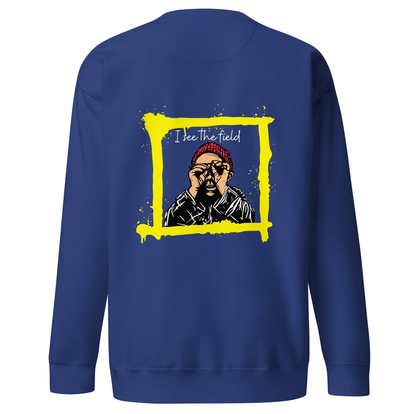 Back view of our ‘No Huddle Just Go’ Premium Unisex Sweatshirt in royal blue, featuring ‘No Huddle’ logo on front and “See the Field” graphic in white and yellow on the back. Add this signature sweatshirt to your collection! Customers love our Premium Unisex Sweatshirts because they have all the essentials; 100% cotton face, soft interior, comfortable Unisex fit and are medium thickness. This sweatshirt is available now in various colors & sizes S-3XL.