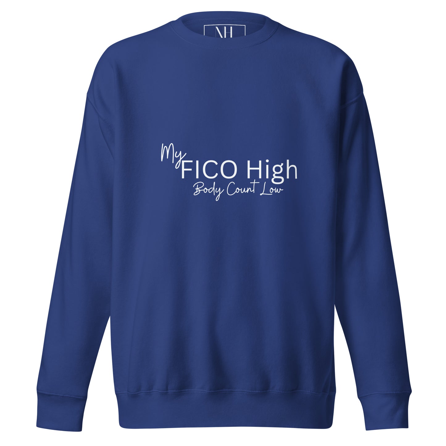 Front view of our ‘No Huddle Just Go’ Premium Unisex Sweatshirt in royal blue, featuring ‘My Fico High, Body Count Low’ in white text on the front. Add this signature sweatshirt to your collection! Customers love our Premium Unisex Sweatshirts because they have all the essentials; 100% cotton face, soft interior, comfortable Unisex fit and are medium thickness. This sweatshirt is available now in various colors & sizes S-3XL.