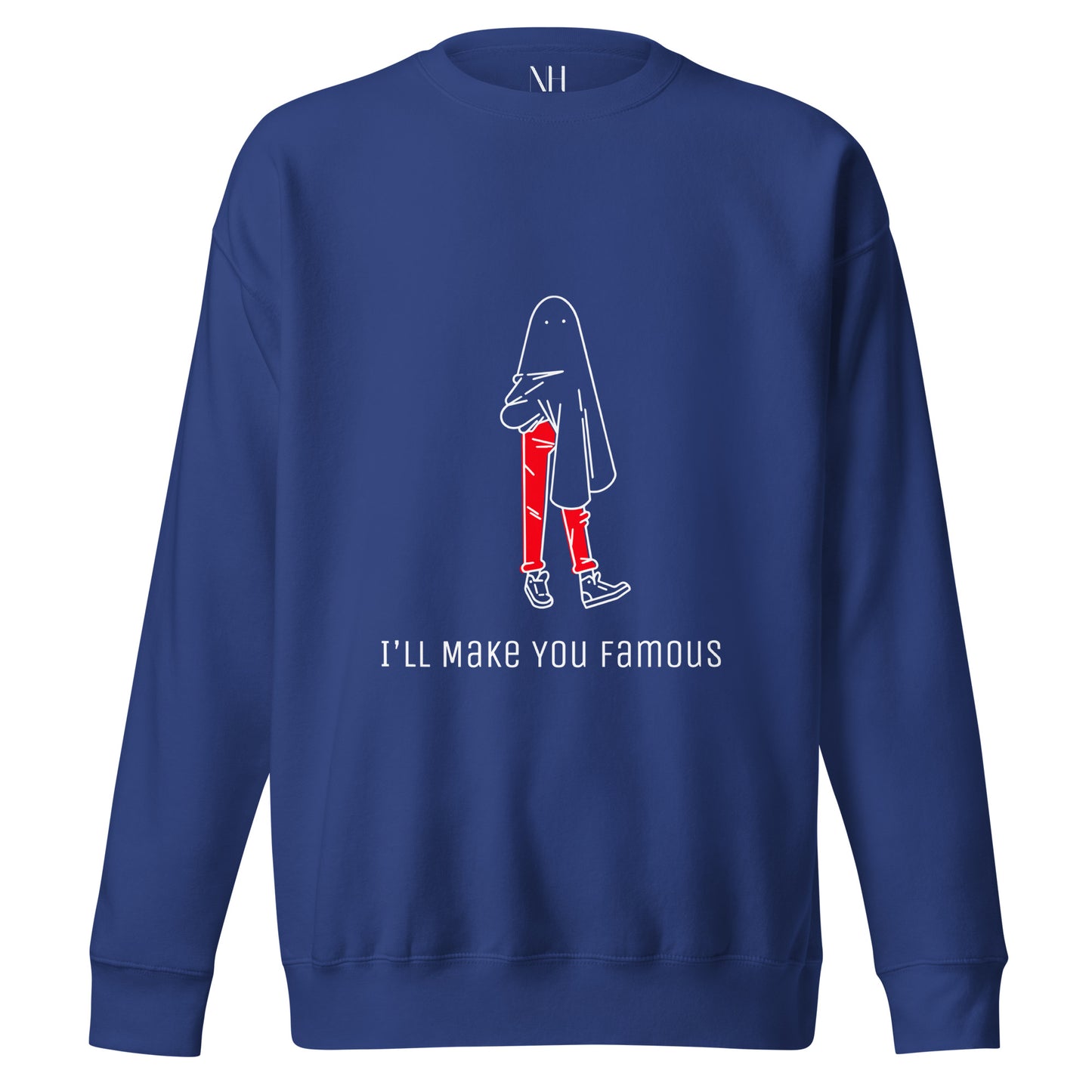 Front view of our ‘No Huddle Just Go’ Premium Unisex Sweatshirt in royal blue, featuring “I’ll Make You Famous” in white text with red and white Fooley graphic on the front. ‘No Huddle’ logo on back. Add this signature sweatshirt to your collection! Customers love our Premium Unisex Sweatshirts because they have all the essentials; 100% cotton face, soft interior, comfortable Unisex fit and are medium thickness. This sweatshirt is available now in various colors & sizes S-3XL.