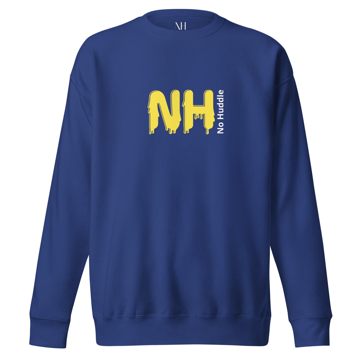 Front view of our ‘No Huddle Just Go’ Premium Unisex Sweatshirt in royal blue, featuring ‘No Huddle’ logo on front and “See the Field” graphic in white and yellow on the back. Add this signature sweatshirt to your collection! Customers love our Premium Unisex Sweatshirts because they have all the essentials; 100% cotton face, soft interior, comfortable Unisex fit and are medium thickness. This sweatshirt is available now in various colors & sizes S-3XL.