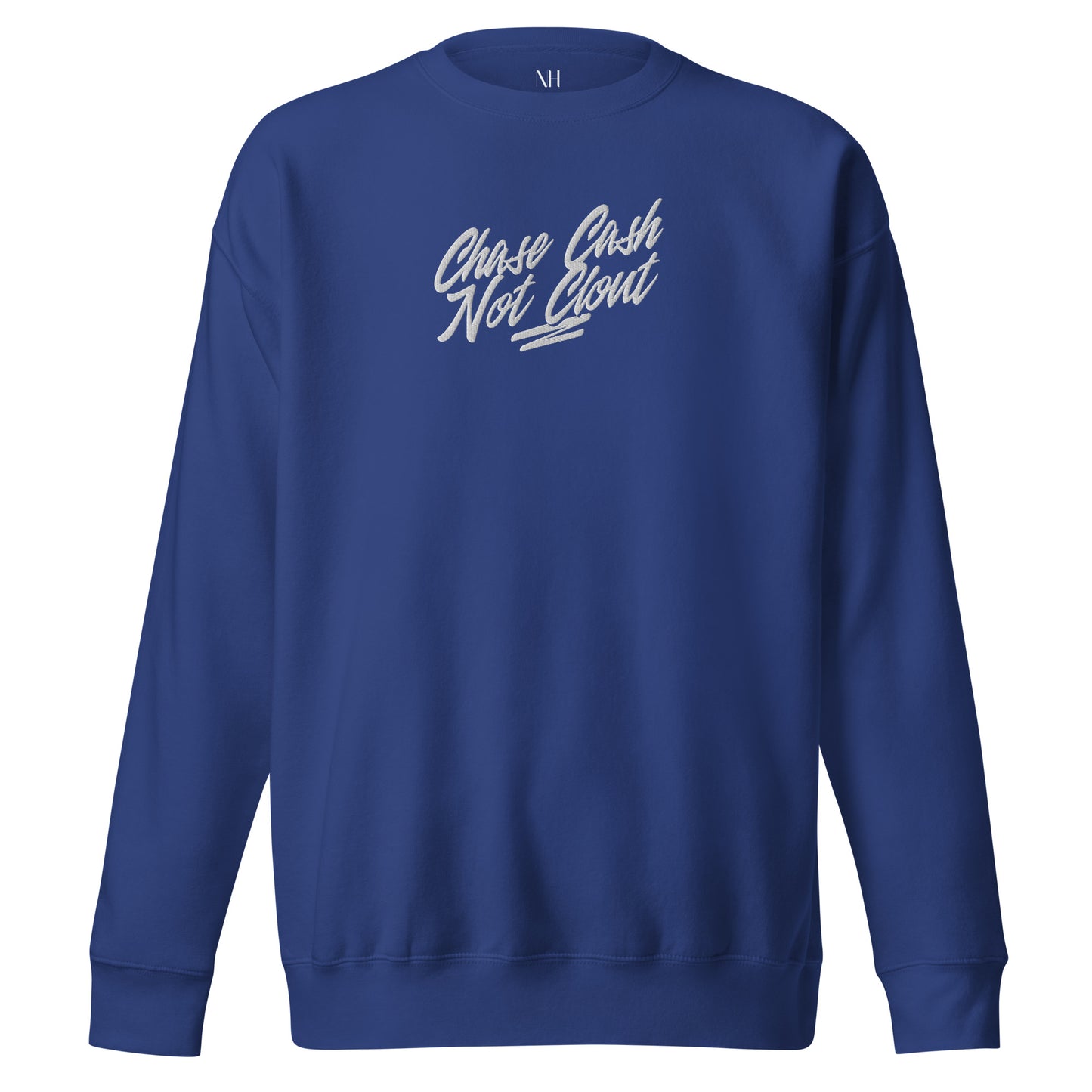 Front view of our ‘No Huddle Just Go’ Premium Unisex Sweatshirt in royal blue, featuring premium embroidered “Chase Cash Not Clout” in white text on the front. Add this signature sweatshirt to your collection! Customers love our Premium Unisex Sweatshirts because they have all the essentials; 100% cotton face, soft interior, comfortable Unisex fit and are medium thickness. This sweatshirt is available now in various colors & sizes S-3XL.