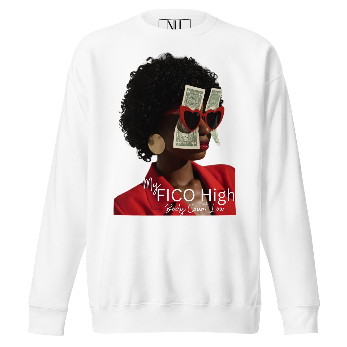 Front view of our ‘No Huddle Just Go’ Premium Unisex Sweatshirt in white, featuring ‘My Fico High’ in graphic design on the front. Add this signature sweatshirt to your collection! Customers love our Premium Unisex Sweatshirts because they have all the essentials; 100% cotton face, soft interior, comfortable Unisex fit and are medium thickness. This sweatshirt is available now in various colors & sizes S-3XL.