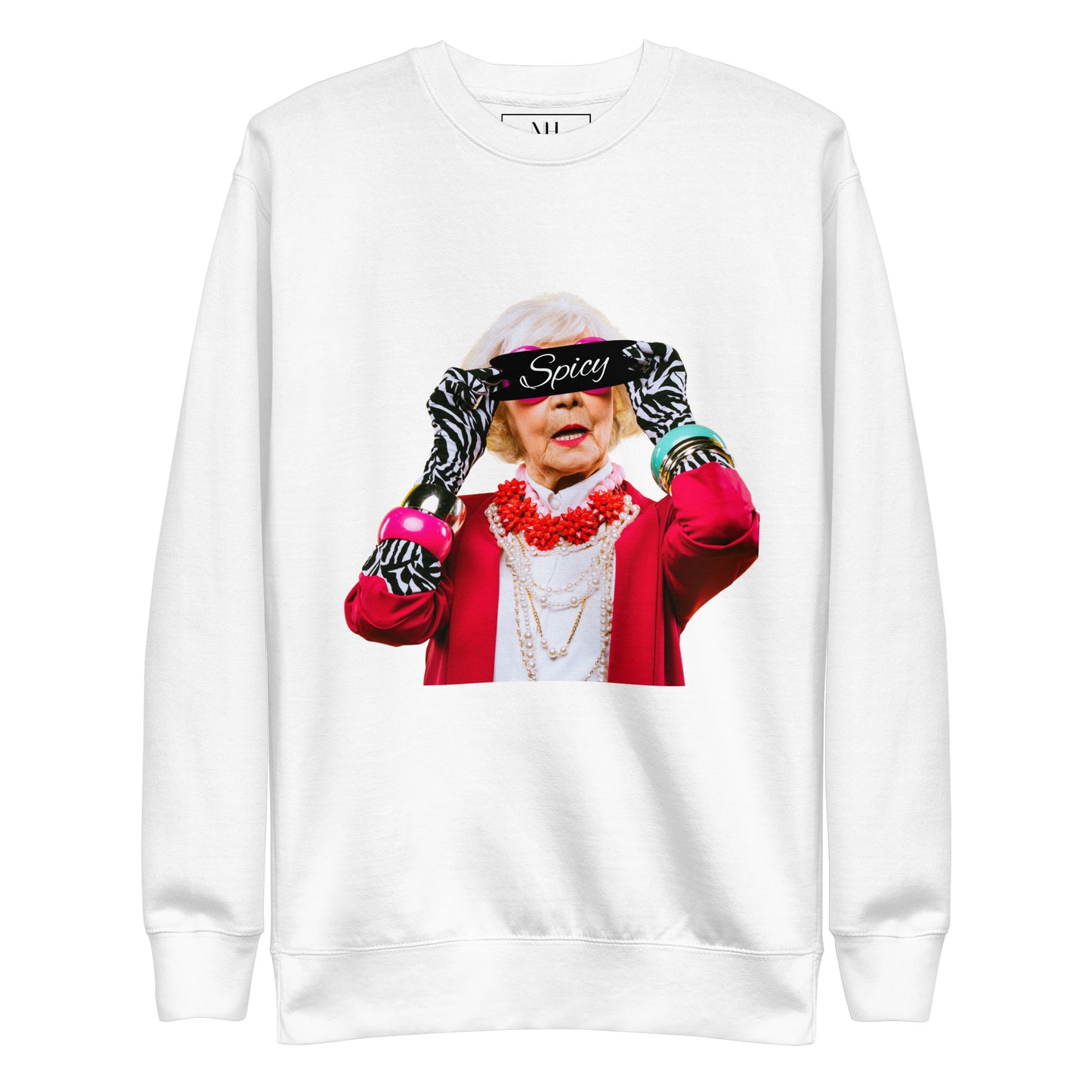 Front view of our ‘No Huddle Just Go’ Premium Unisex Sweatshirt in white, featuring `Spicy’ graphic on the front. Add this signature sweatshirt to your collection! Customers love our Premium Unisex Sweatshirts because they have all the essentials; 100% cotton face, soft interior, comfortable Unisex fit and are medium thickness. This sweatshirt is available now in various colors & sizes S-3XL.