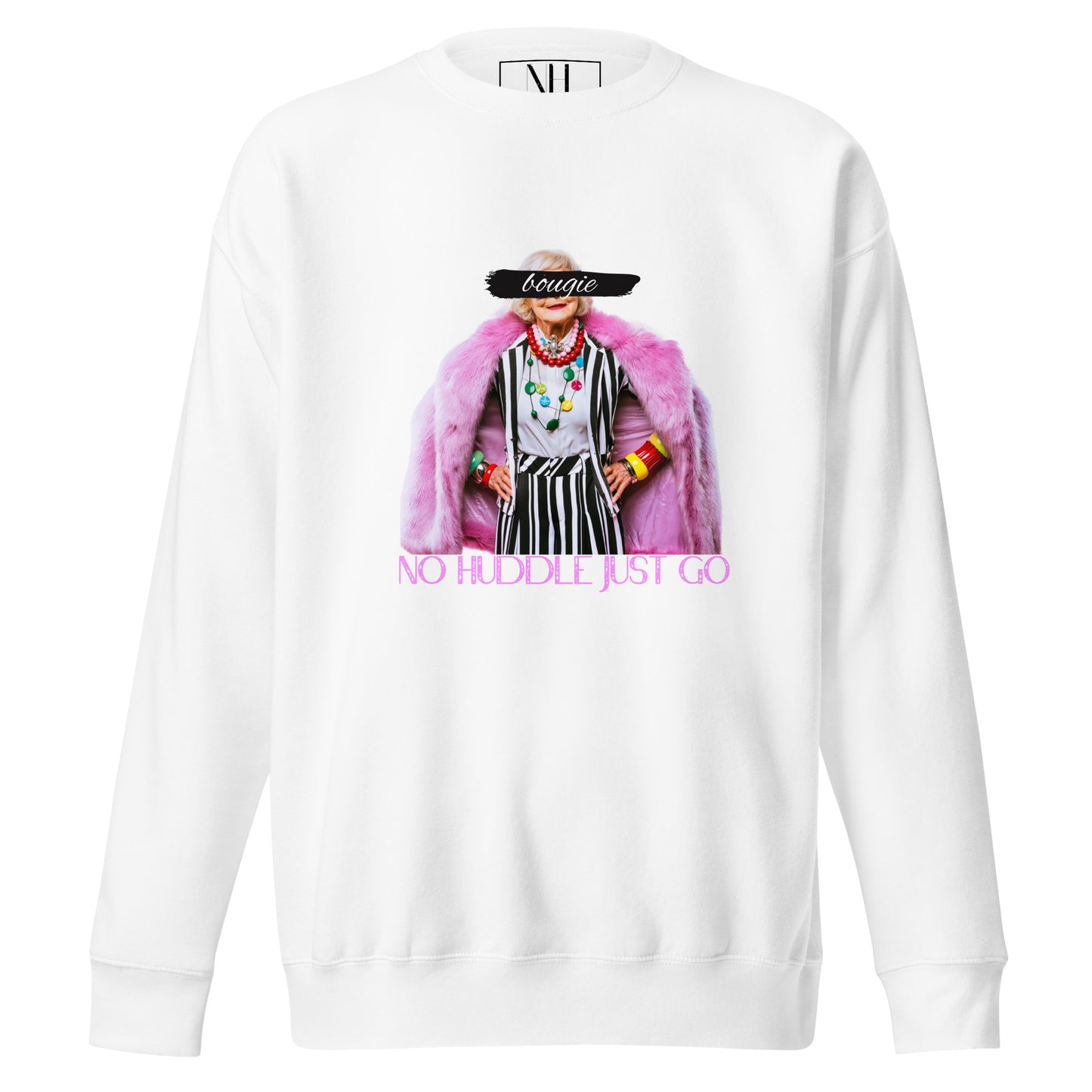 Front view of our ‘No Huddle Just Go’ Premium Unisex Sweatshirt in white, featuring `Bougie’ graphic on the front. Add this signature sweatshirt to your collection! Customers love our Premium Unisex Sweatshirts because they have all the essentials; 100% cotton face, soft interior, comfortable Unisex fit and are medium thickness. This sweatshirt is available now in various colors & sizes S-3XL.