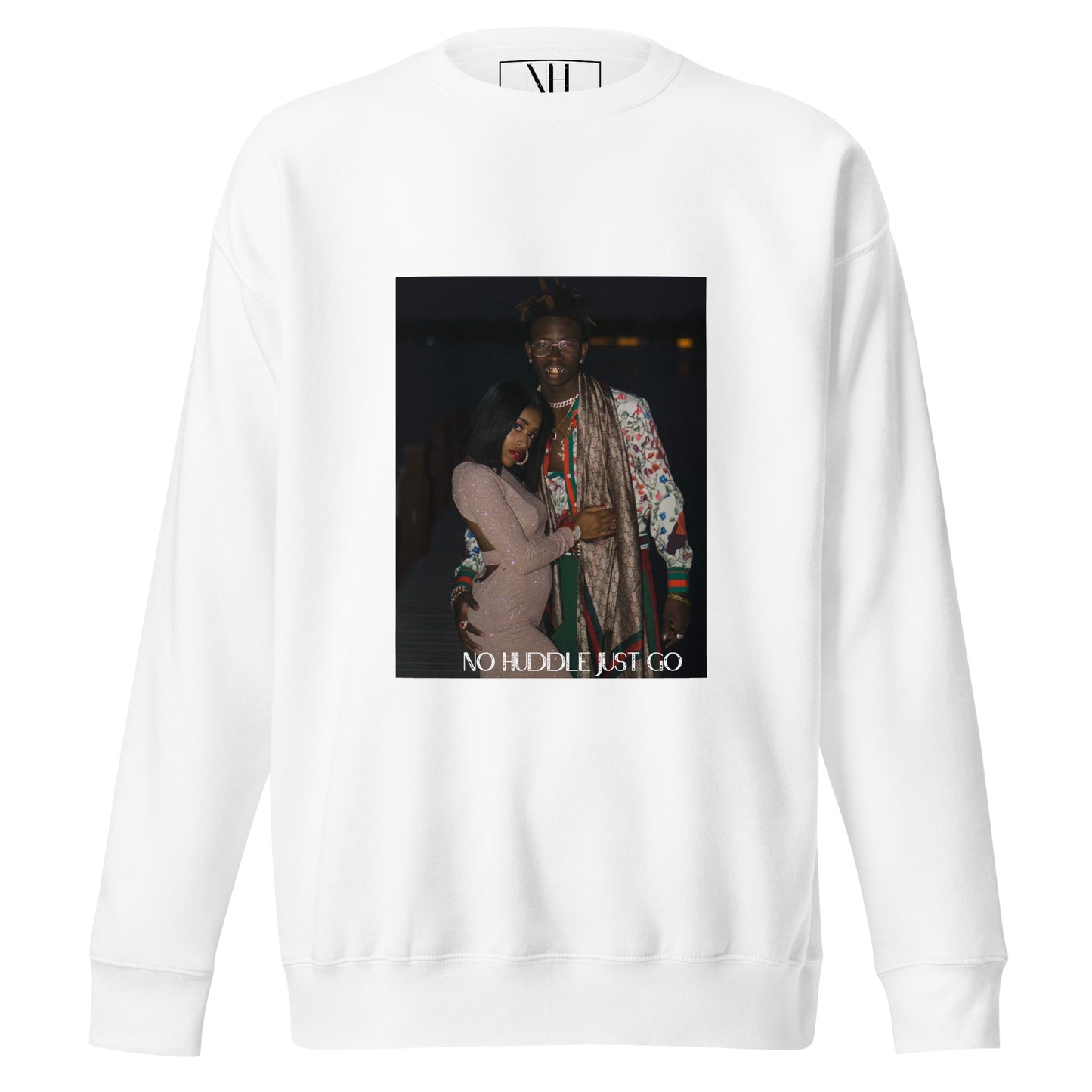 Front view of our ‘No Huddle Just Go’ Premium Unisex Sweatshirt in white, featuring “Gucci Bae” graphic on the front. Add this signature sweatshirt to your collection! Customers love our Premium Unisex Sweatshirts because they have all the essentials; 100% cotton face, soft interior, comfortable Unisex fit and are medium thickness. This sweatshirt is available now in various colors & sizes S-3XL.