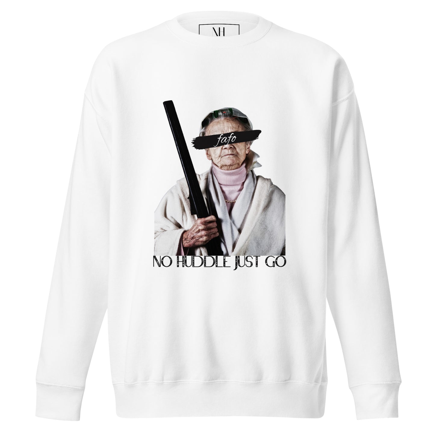 Front view of our ‘No Huddle Just Go’ Premium Unisex Sweatshirt in white, featuring “FAFO” graphic on the front. Add this signature sweatshirt to your collection! Customers love our Premium Unisex Sweatshirts because they have all the essentials; 100% cotton face, soft interior, comfortable Unisex fit and are medium thickness. This sweatshirt is available now in various colors & sizes S-3XL.