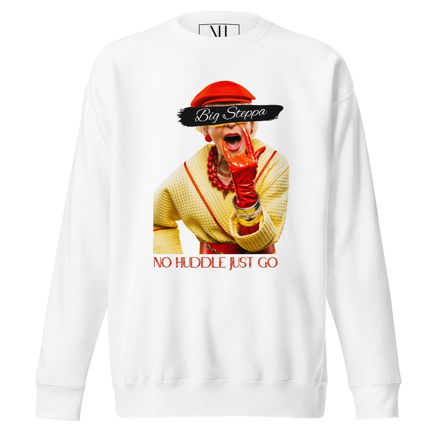 Front view of our ‘No Huddle Just Go’ Premium Unisex Sweatshirt in white, featuring “Big Steppa” graphic on the front. Add this signature sweatshirt to your collection! Customers love our Premium Unisex Sweatshirts because they have all the essentials; 100% cotton face, soft interior, comfortable Unisex fit and are medium thickness. This sweatshirt is available now in various colors & sizes S-3XL.