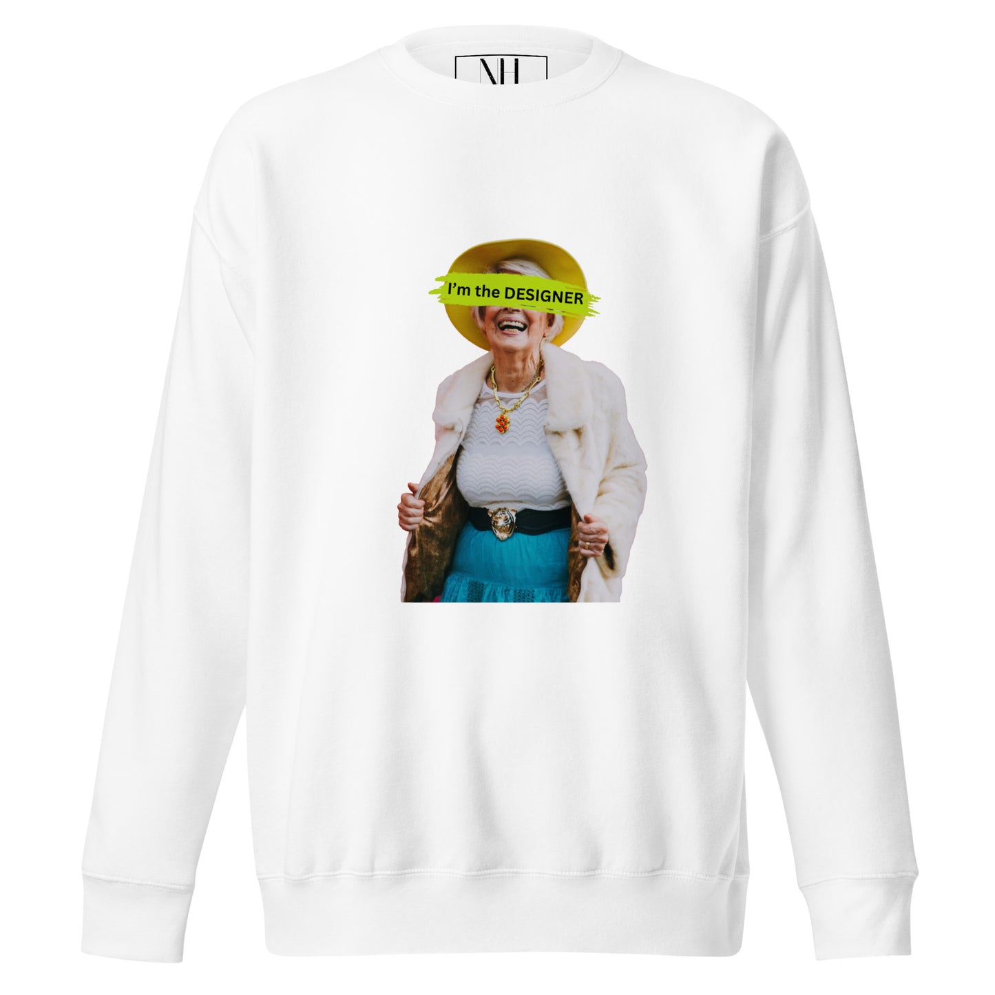 Front view of our ‘No Huddle Just Go’ Premium Unisex Sweatshirt in white, featuring “I’m The Designer” graphic on the front. Add this signature sweatshirt to your collection! Customers love our Premium Unisex Sweatshirts because they have all the essentials; 100% cotton face, soft interior, comfortable Unisex fit and are medium thickness. This sweatshirt is available now in various colors & sizes S-3XL.