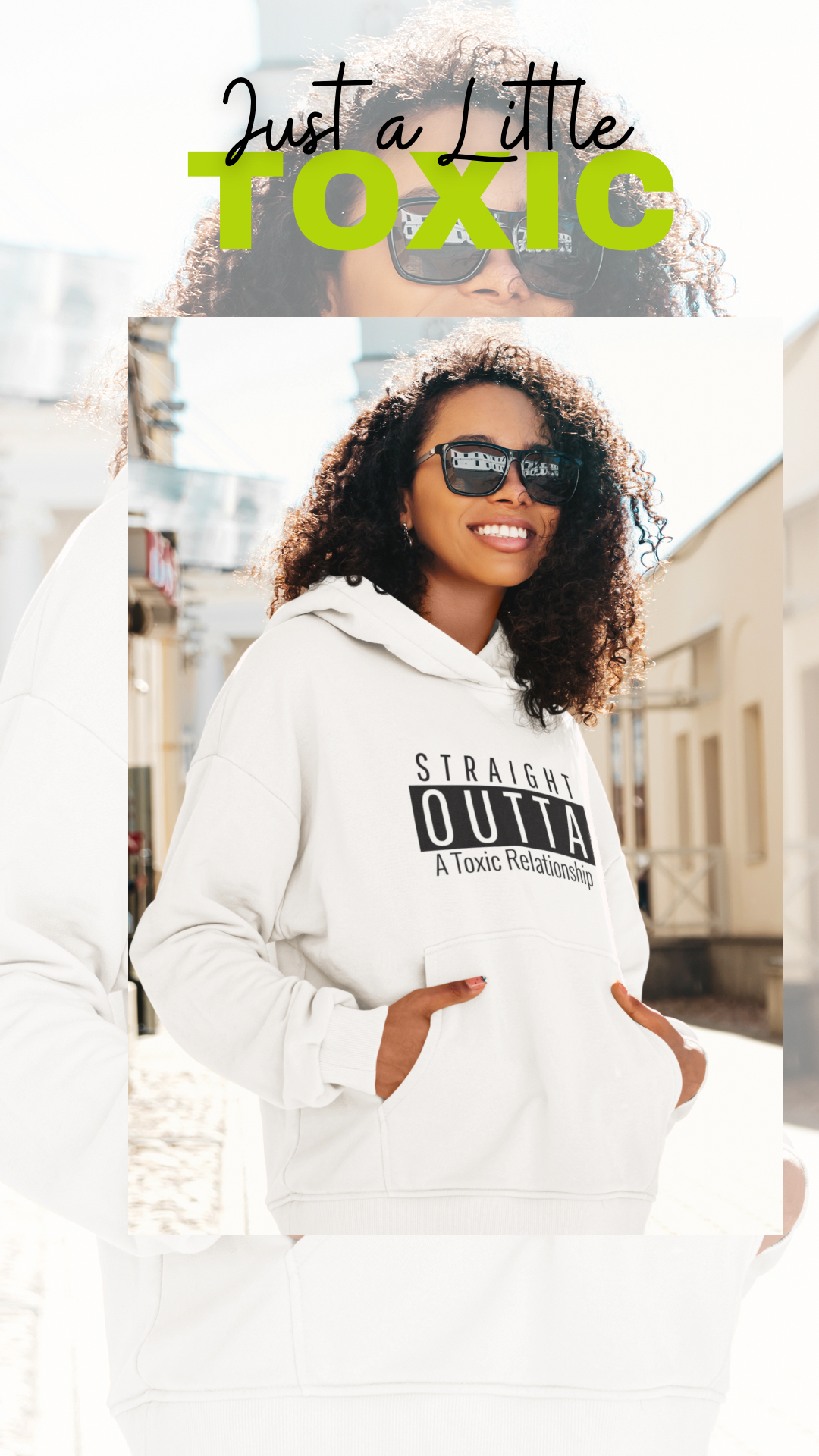 Curly haired model wearing black signature ‘No Huddle Just Go’ hoodie, featuring Toxic relationship design, a premium essential for any wardrobe.