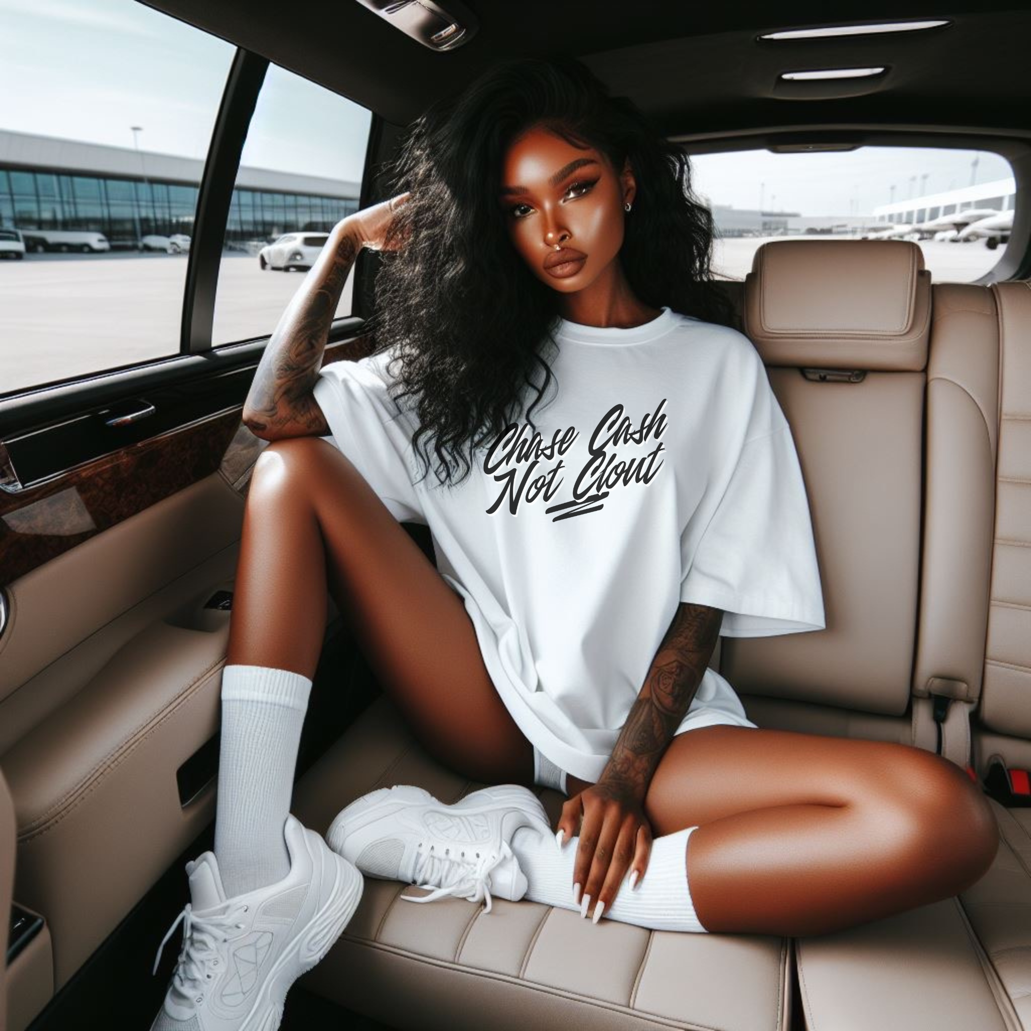 Female model on private jet, wearing white signature t-shirt featuring ‘No Huddle Just Go’ Chase Cash Not Clout design, a premium essential for any wardrobe