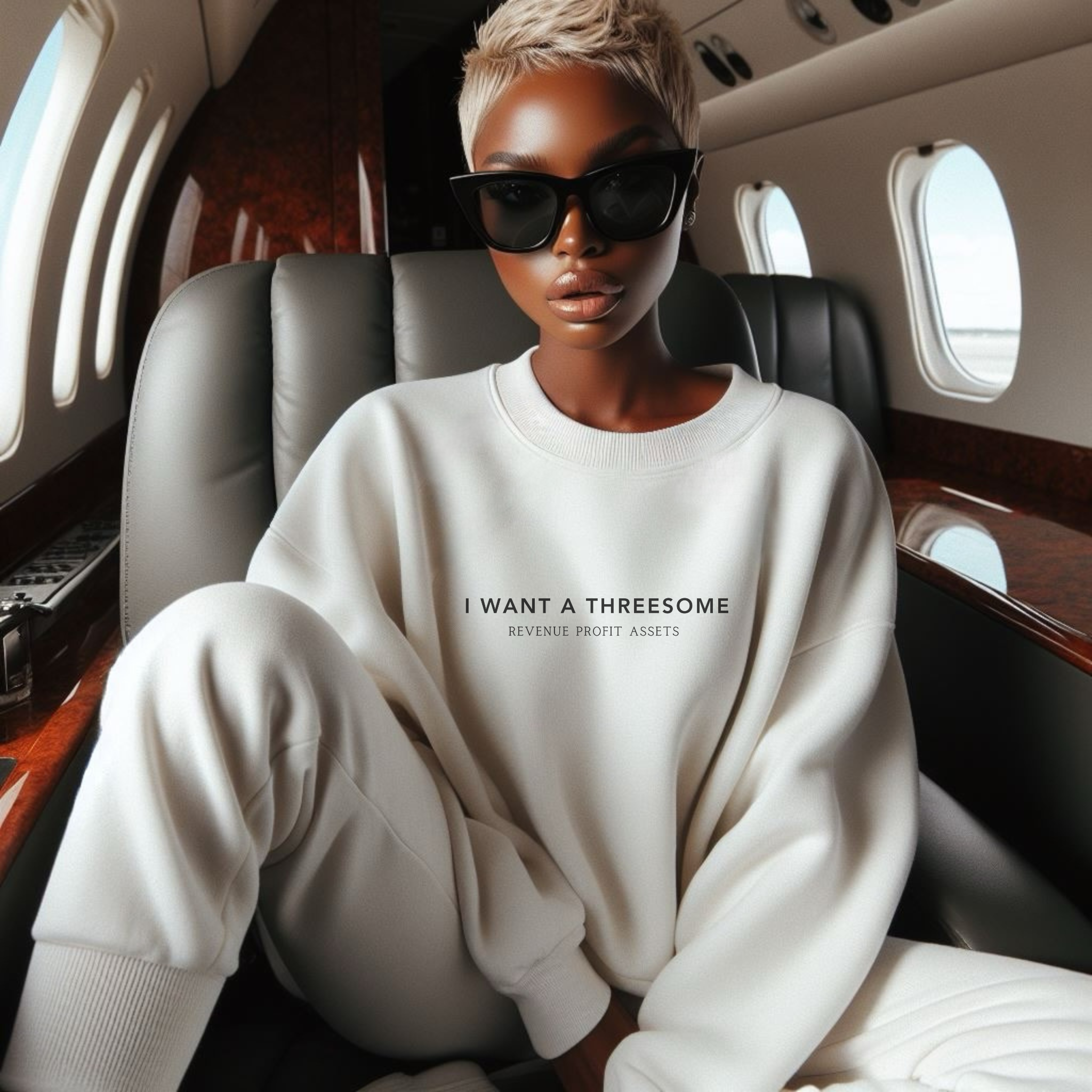 Female model on private jet, wearing white signature sweatshirt featuring ‘No Huddle Just Go’ Threesome design, a premium essential for any wardrobe.