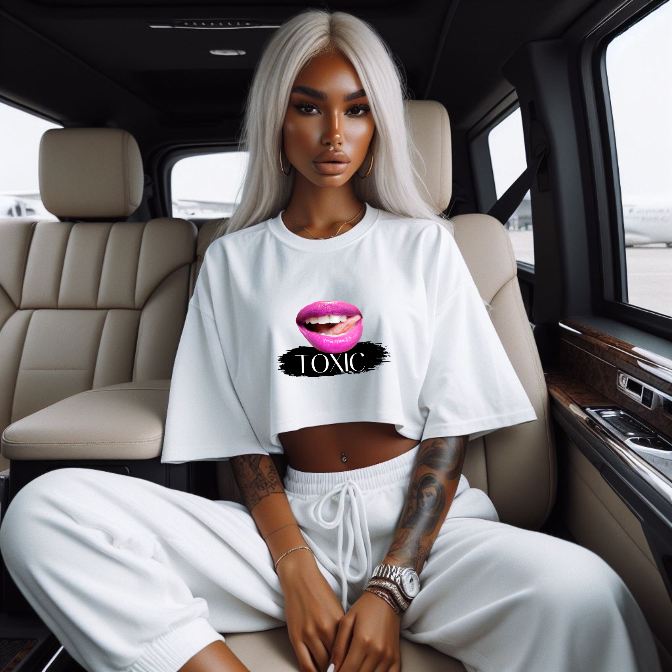 Blonde haired model wearing white signature cropped ‘No Huddle Just Go’ t-shirt, featuring Toxic design, a premium essential for any wardrobe.