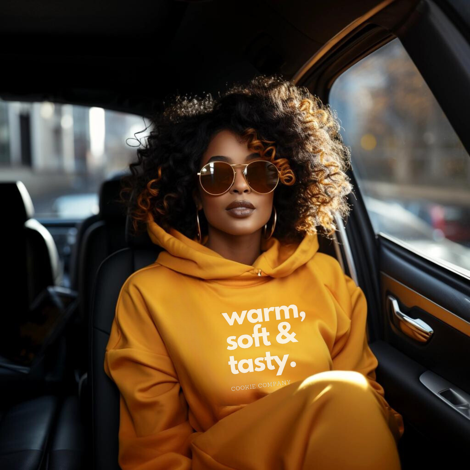 Curly haired model wearing yellow signature ‘No Huddle Just Go’ sweatshirt, featuring Warm, soft & tasty design, a premium essential for any wardrobe.