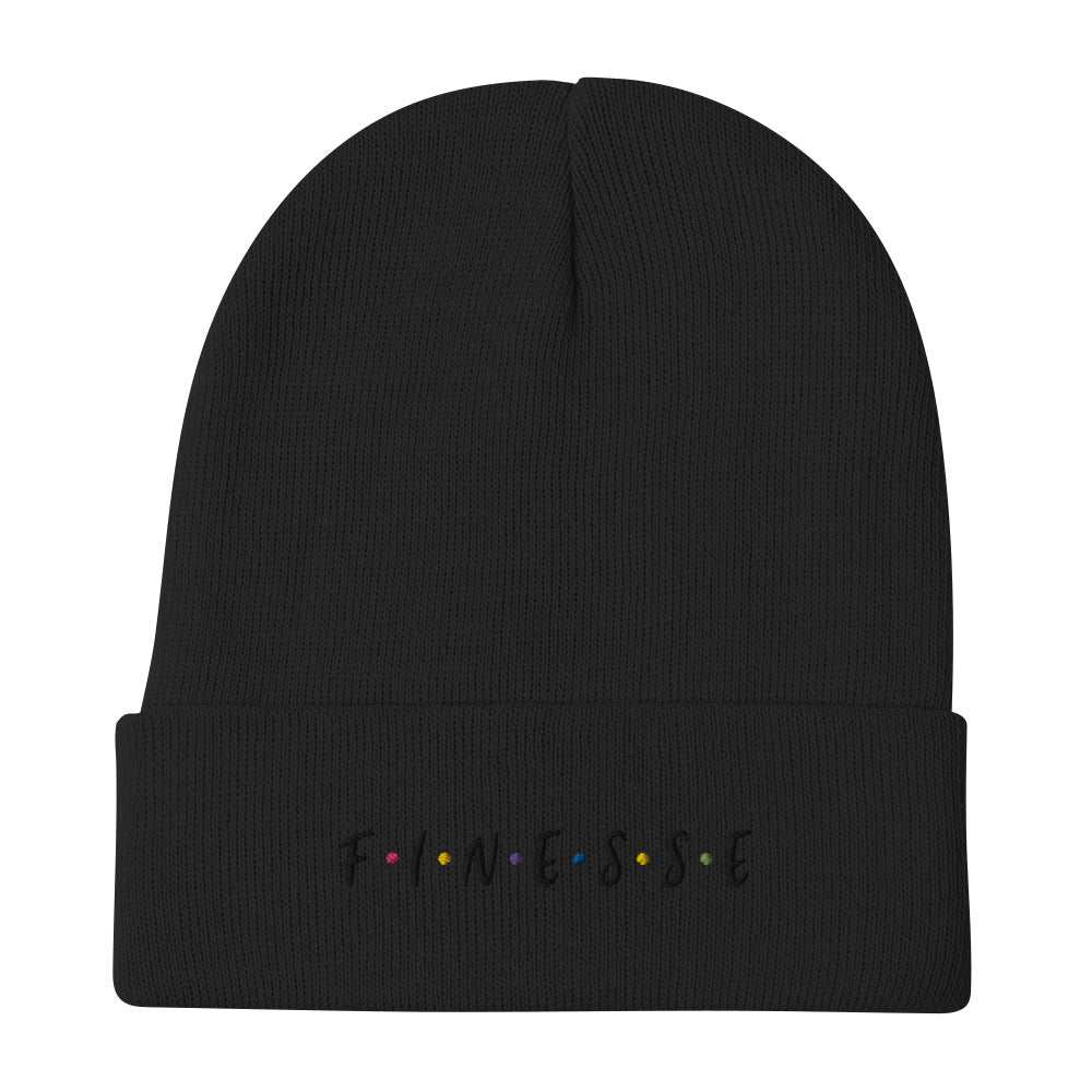 Front view of our ‘Finesse” beanie in black, featuring premium embroidered “Finesse” in black text on the front. Add this signature beanie to your collection! Customers love our cozy and warm beanie. This beanie is a one size fits all available now in various colors.