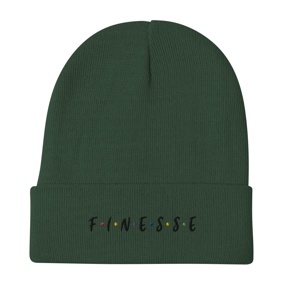 Front view of our ‘Finesse” beanie in forest green, featuring premium embroidered “Finesse” in black text on the front. Add this signature beanie to your collection! Customers love our cozy and warm beanie. This beanie is a one size fits all available now in various colors.