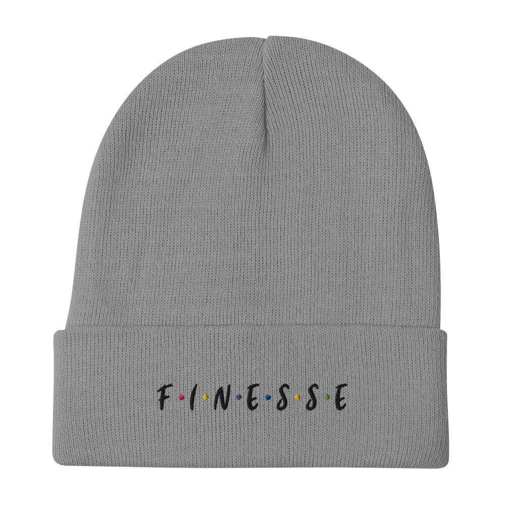 Front view of our ‘Finesse” beanie in gray, featuring premium embroidered “Finesse” in black text on the front. Add this signature beanie to your collection! Customers love our cozy and warm beanie. This beanie is a one size fits all available now in various colors.